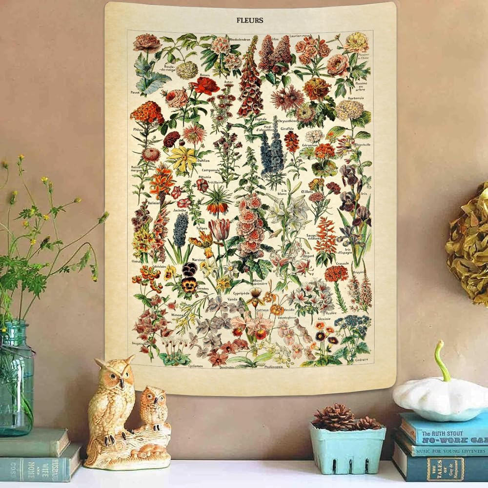 Vintage Flowers Tapestry 48”X36”, Long Vertical Wall Hanging Reference Illustrat