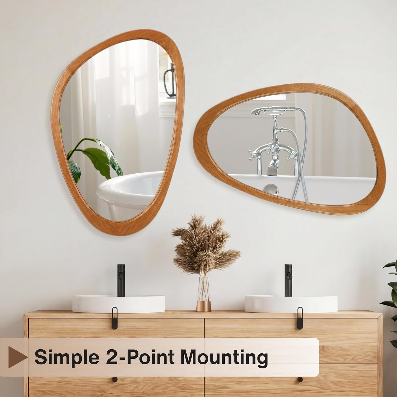 Irregular Wall Mirror 30x19in Solid Wood Frame Tempered Glass Asymmetrical Decor