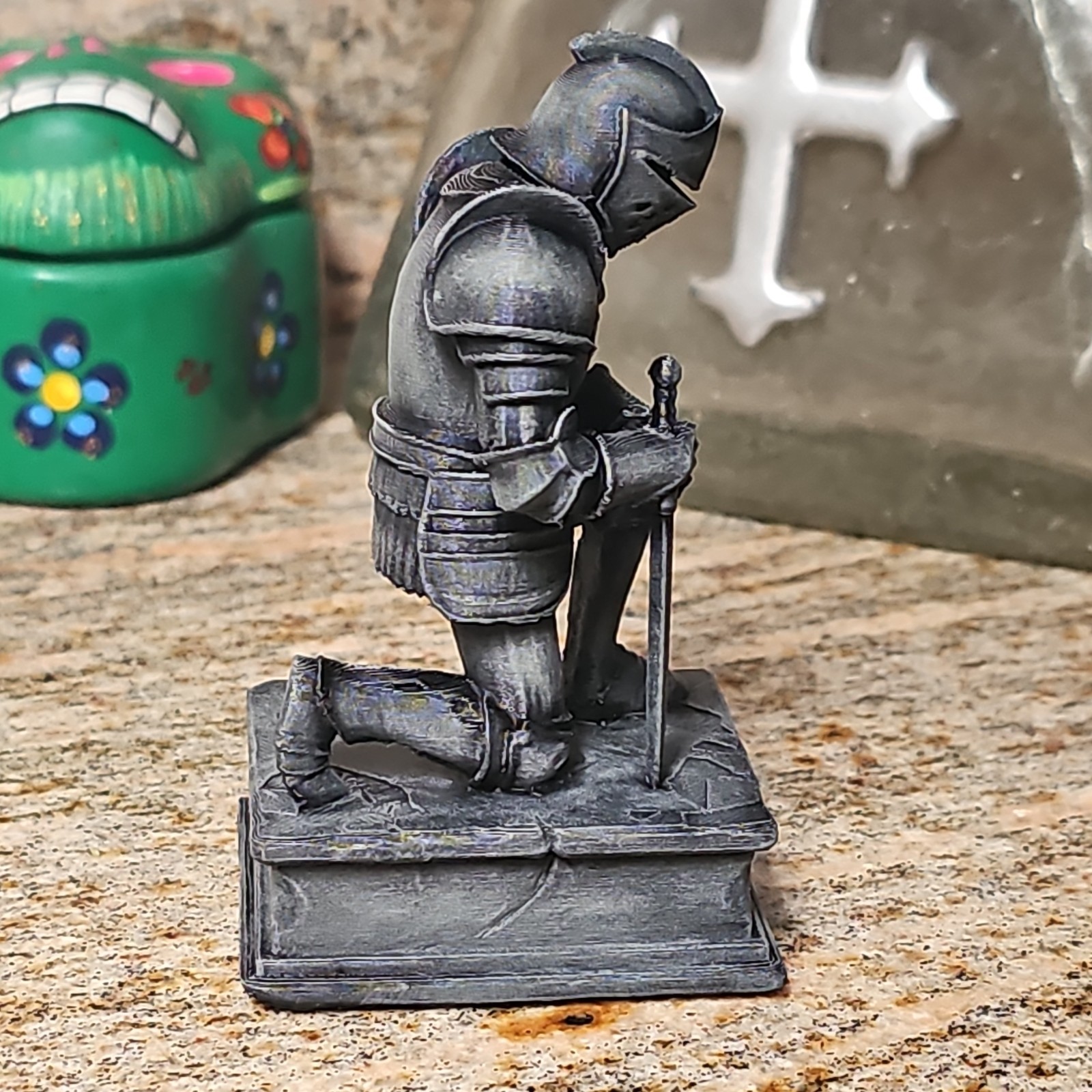 Gray Medieval Knight Kneeling Figurine Statue Holding Sword, Free Standing