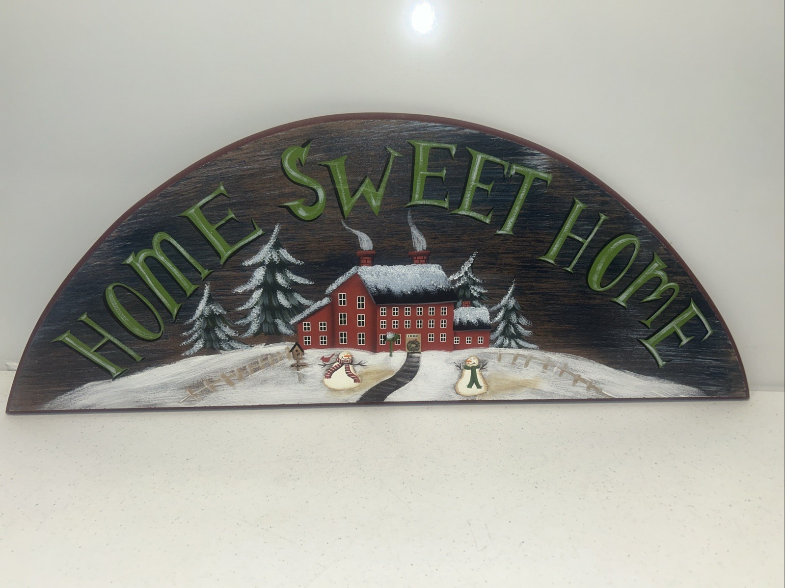 Hand Painted Primitive Home Sweet Home Arch Plaque 33.5”x12” Winter Snowmen