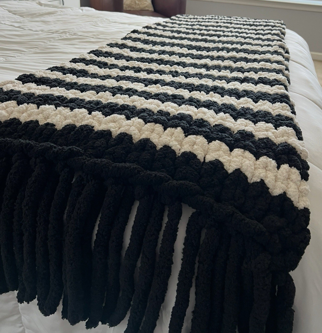 Handmade Chunky Queen Bed Runner Wrap Blanket Fringed Black Ivory Boho