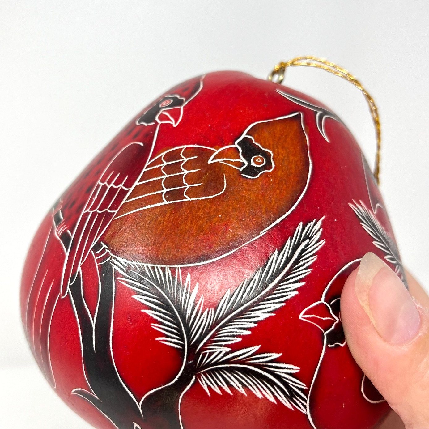 Carved & Etched Lucuma Hanging Gourd Cardinals Birds, Branches, Pinecones Peru