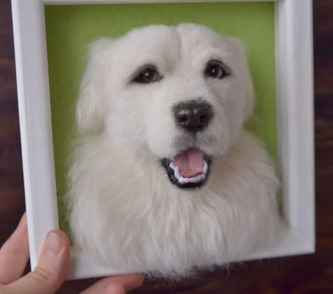 Custom Dog Portrait sculpture in frame Needle felted Realistic Pet replica OOAK