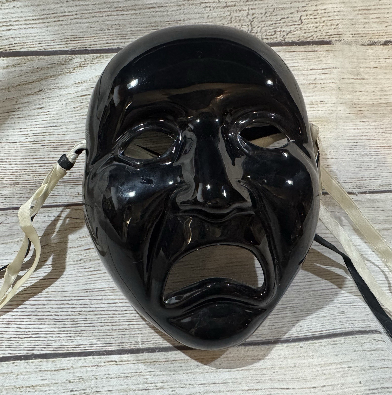 Vintage Taiwan Hand Painted Ceramic Porcelain Wall Mask Black Jester Sad Face