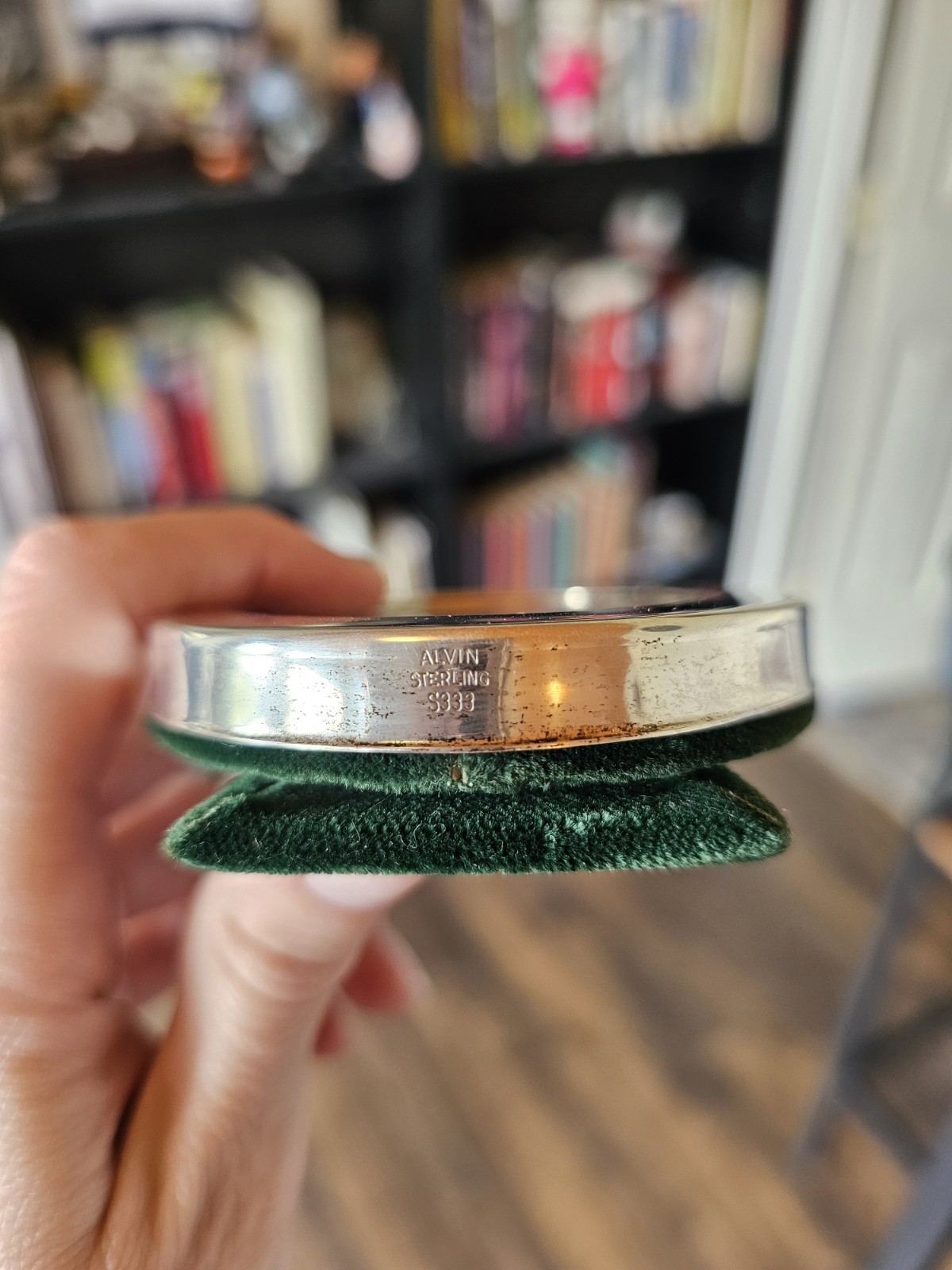 Alvin Sterling Silver Oval Photo Frame S333 4in Green Velvet Freestanding Stand