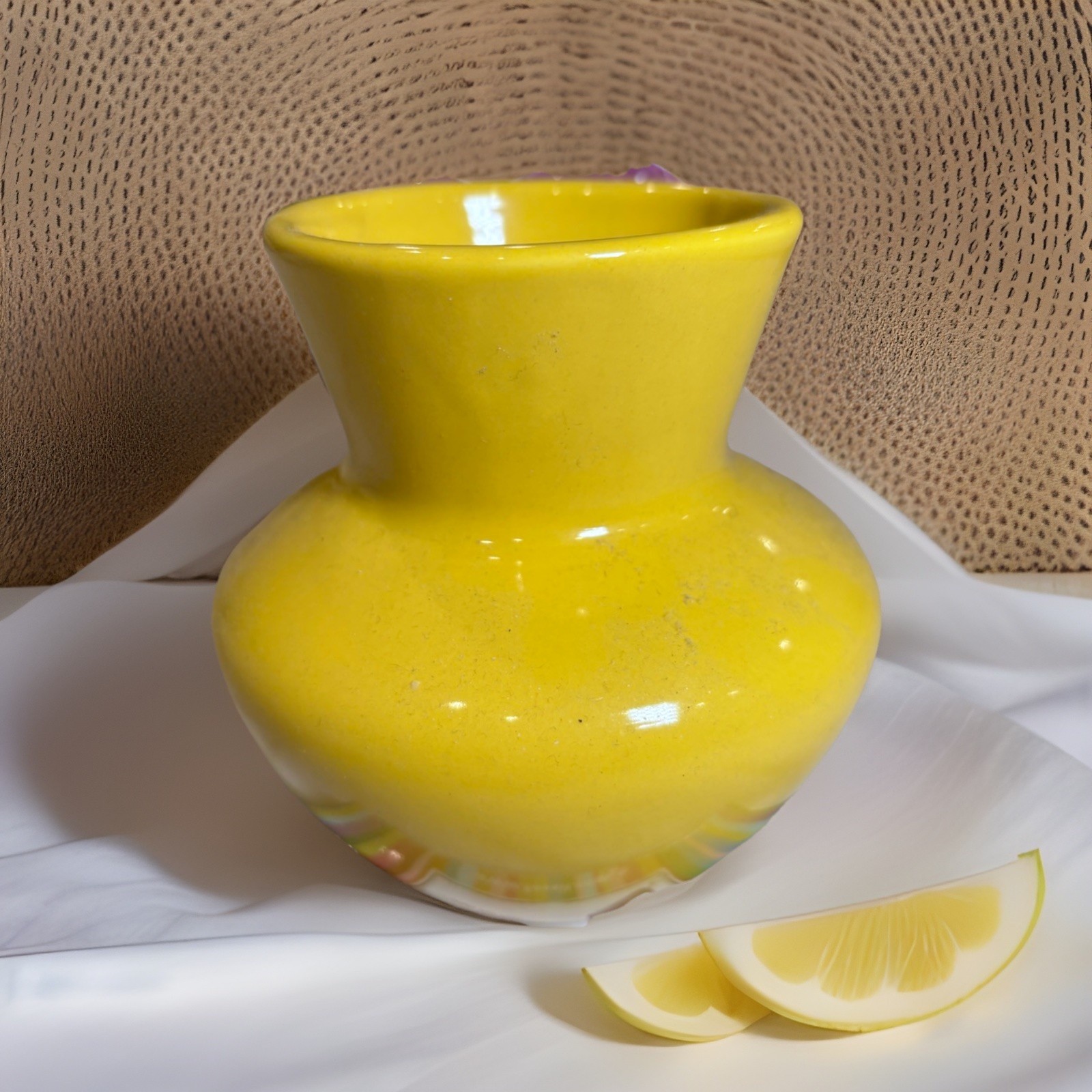 Anthropologie Bright Yellow Vase with Applied Purple Pansy Flower 5″ Floral