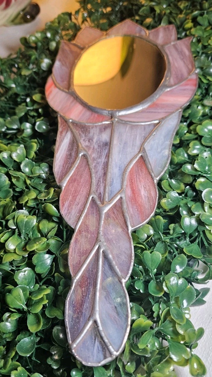 VTG Handmade Stained Glass mirror with a floral design. Pink