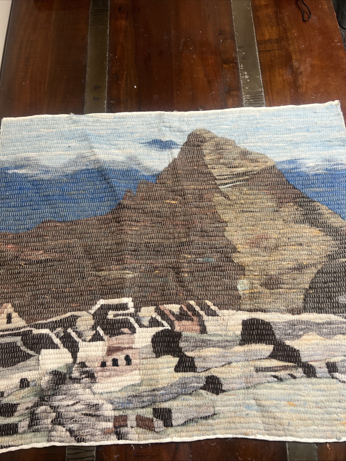 Mid Century Peruvian Folk Woven Wall Tapestry Cultural Art Village Peru, 32×36
