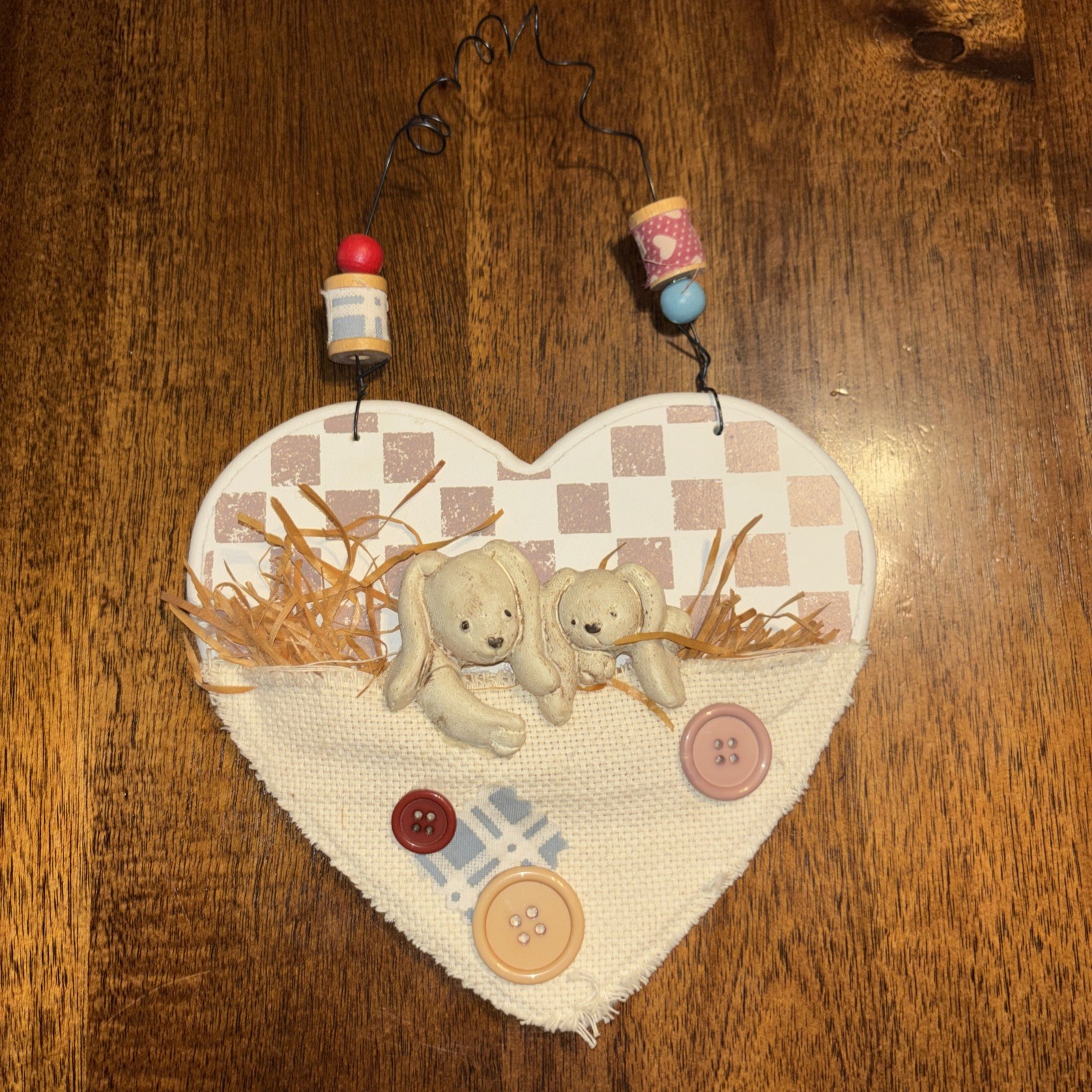 Country Style Wooden Heart Plaque Ceramic Bunnies Buttons Spools Grandmacore