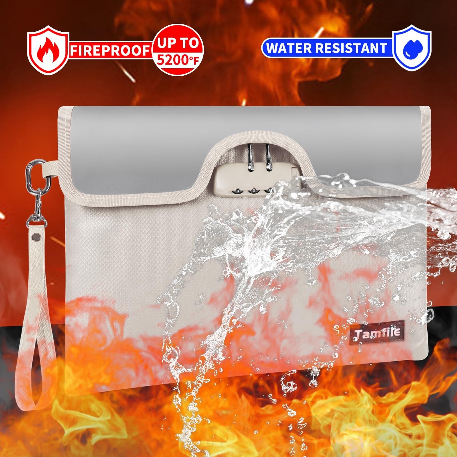 5200°F Fireproof Money Bag with Lock, Water Fireproof Document Bag with Zip