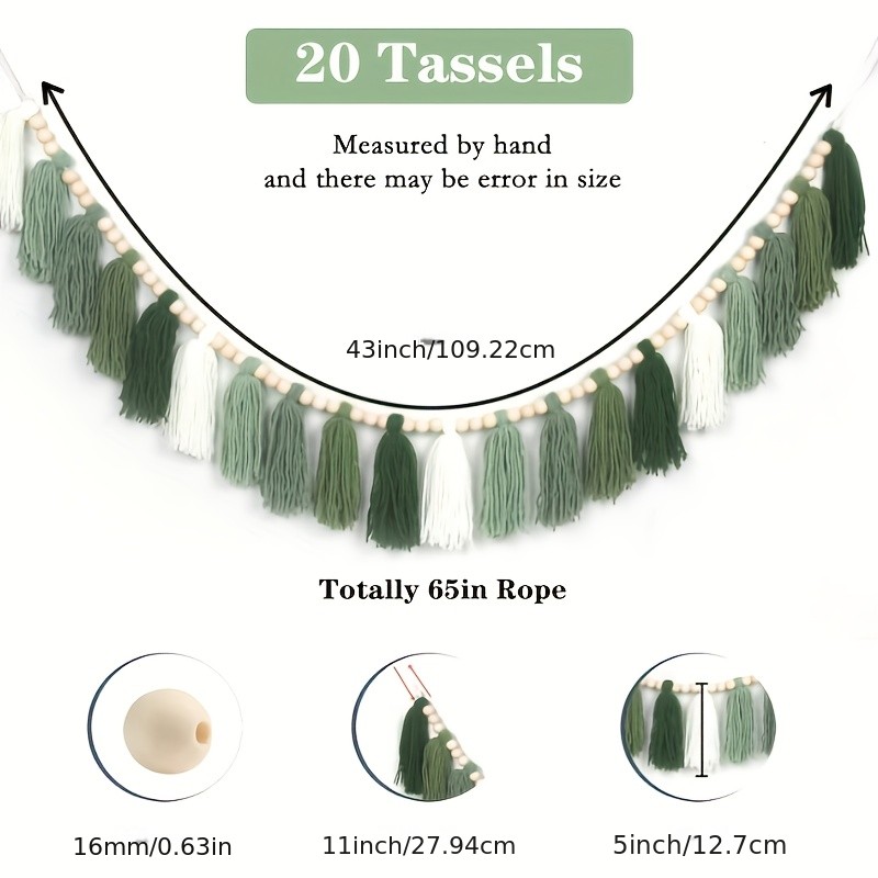 Boho Yarn Green Garland Wall Hanging Decor Tassel Banner With Beads Home Decor