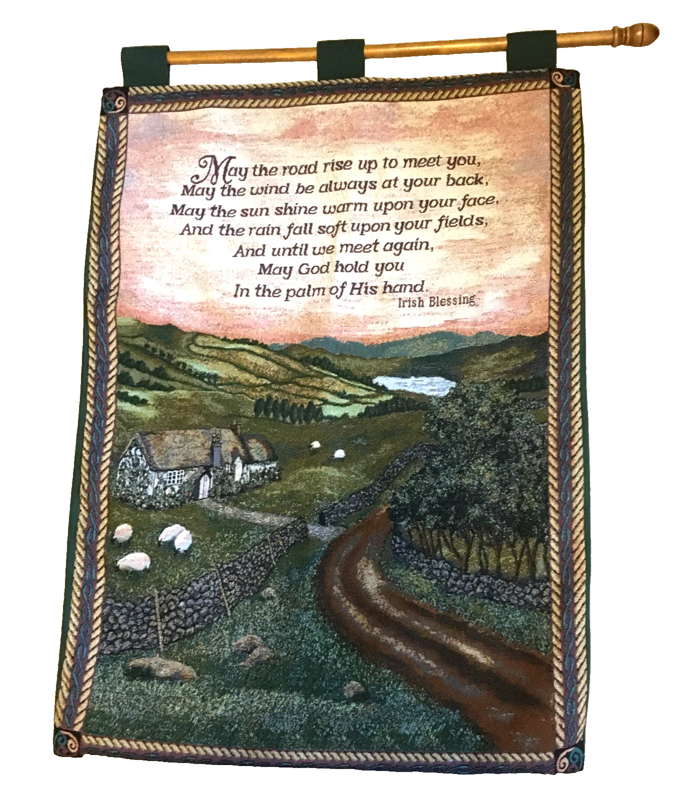 Vintage Irish Blessing Tapestry Wall Hanging Pastoral Scene W Rod Hanger