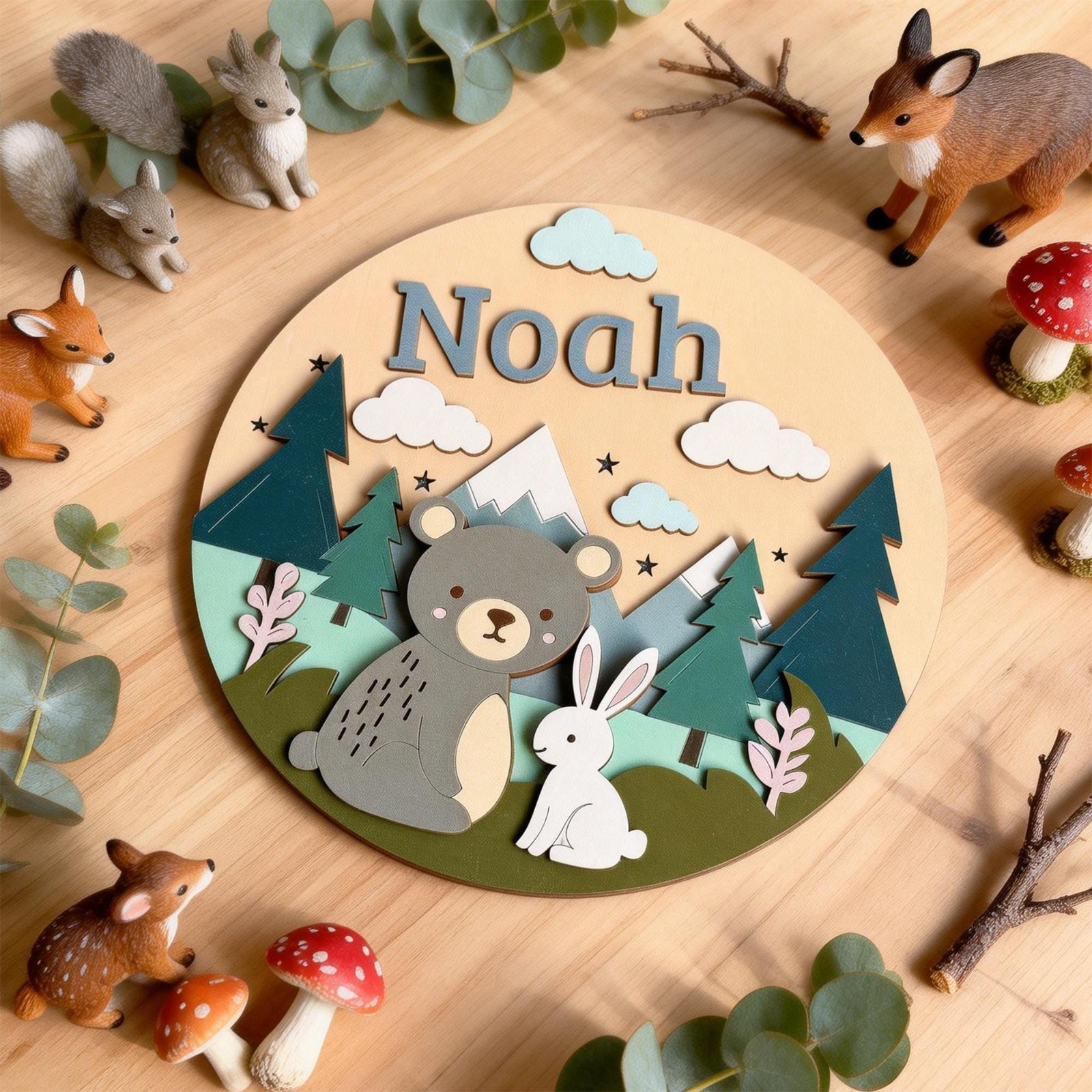Personalized 3D Woodland Animal Wooden Name Sign – Nursery Decor, Baby Boy Gift