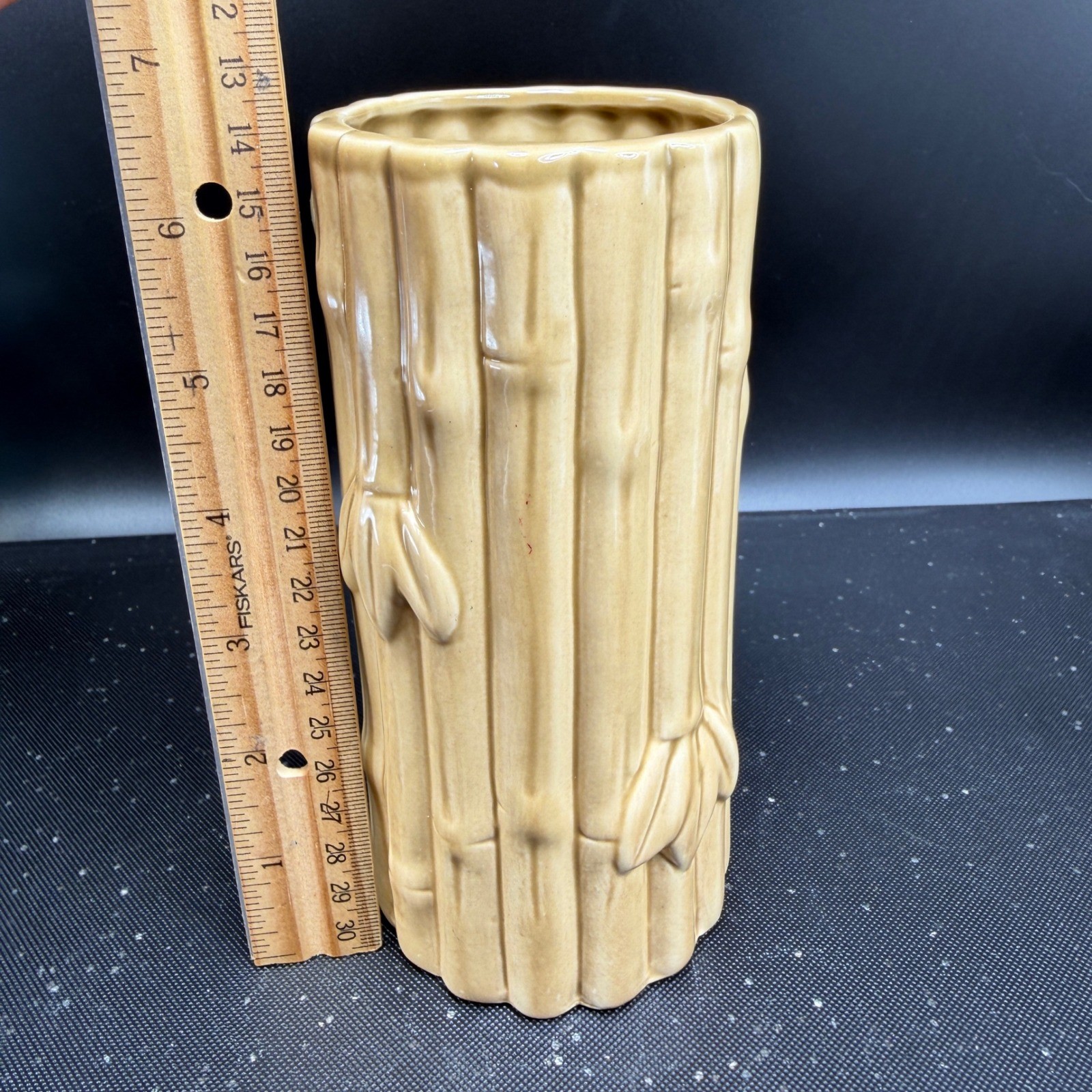 Vintage Ceramic Bamboo Vase Glossy Tan Tropical Boho Decor 6.5 Inch Tall
