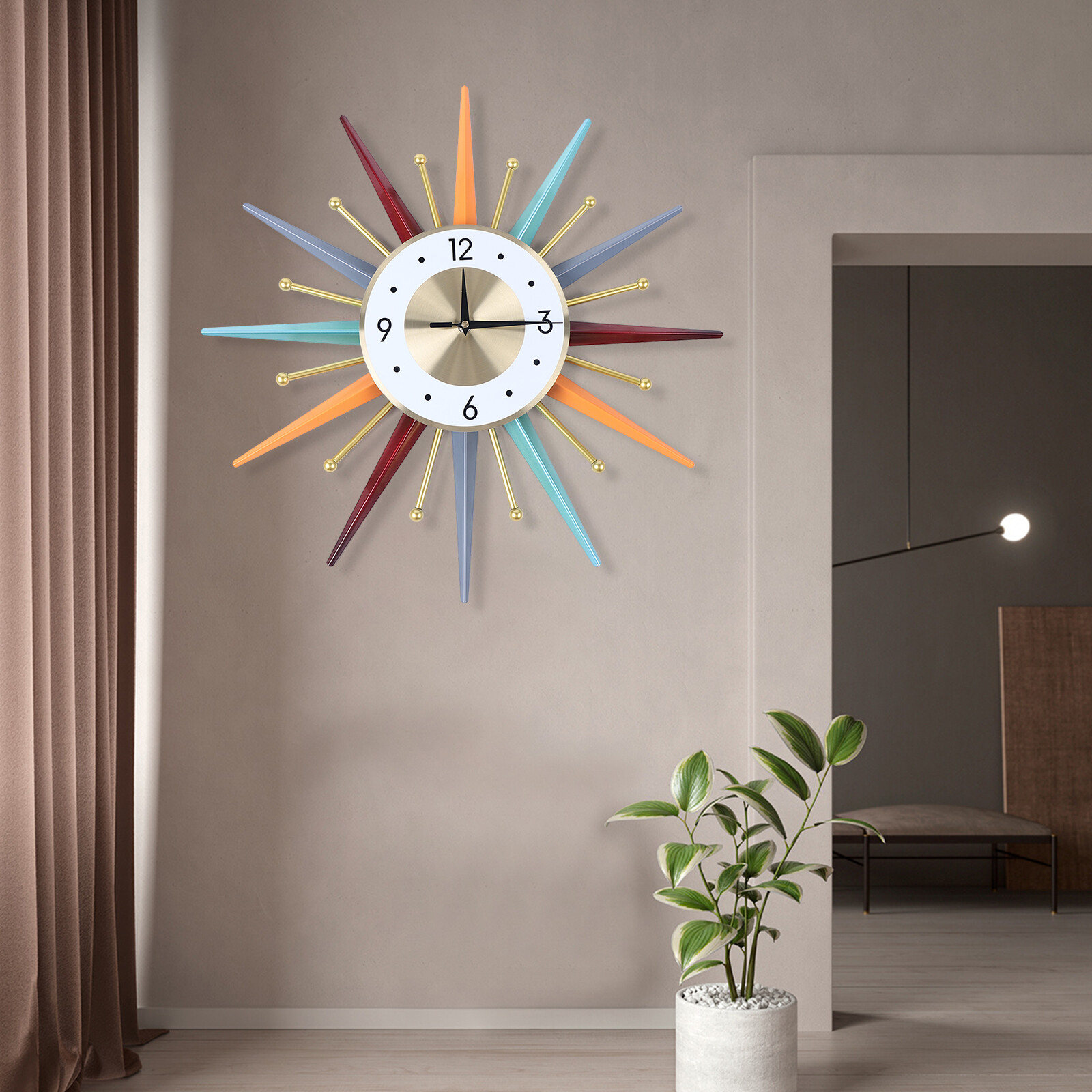 Large Wall Clock Modern Starburst Mid-Century Modern Decor Non-Ticking Battery