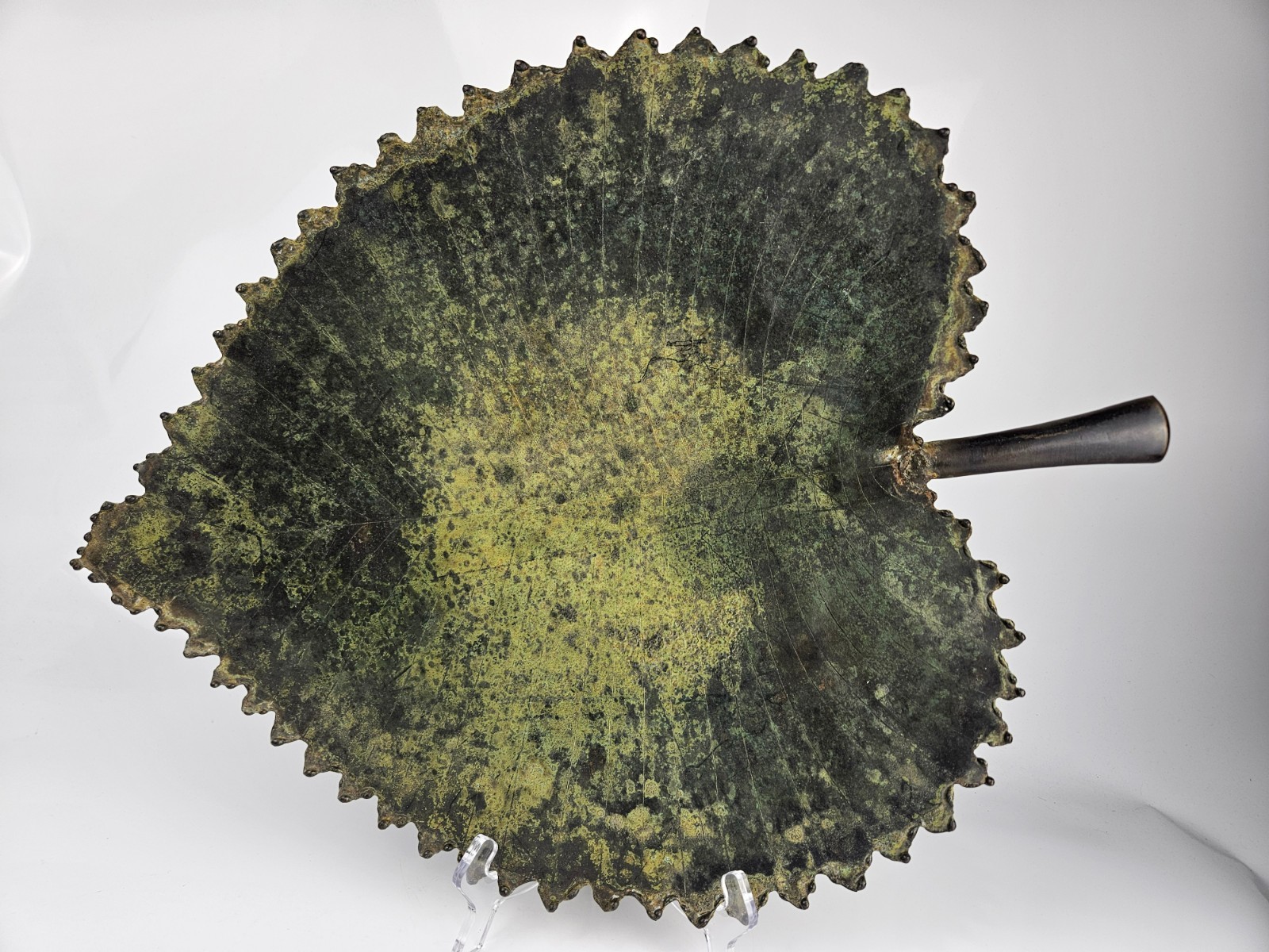 Large Decorative Metal Leaf Tray Bowel Verdigris Patina Ball Feet Serrated Edge