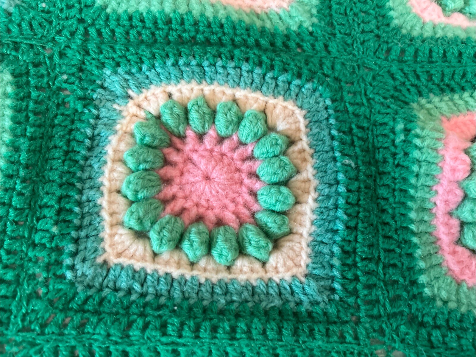 Vtg Granny Square Green Pink Colorful Afghan Crochet Throw Blanket Cover 72 x75”
