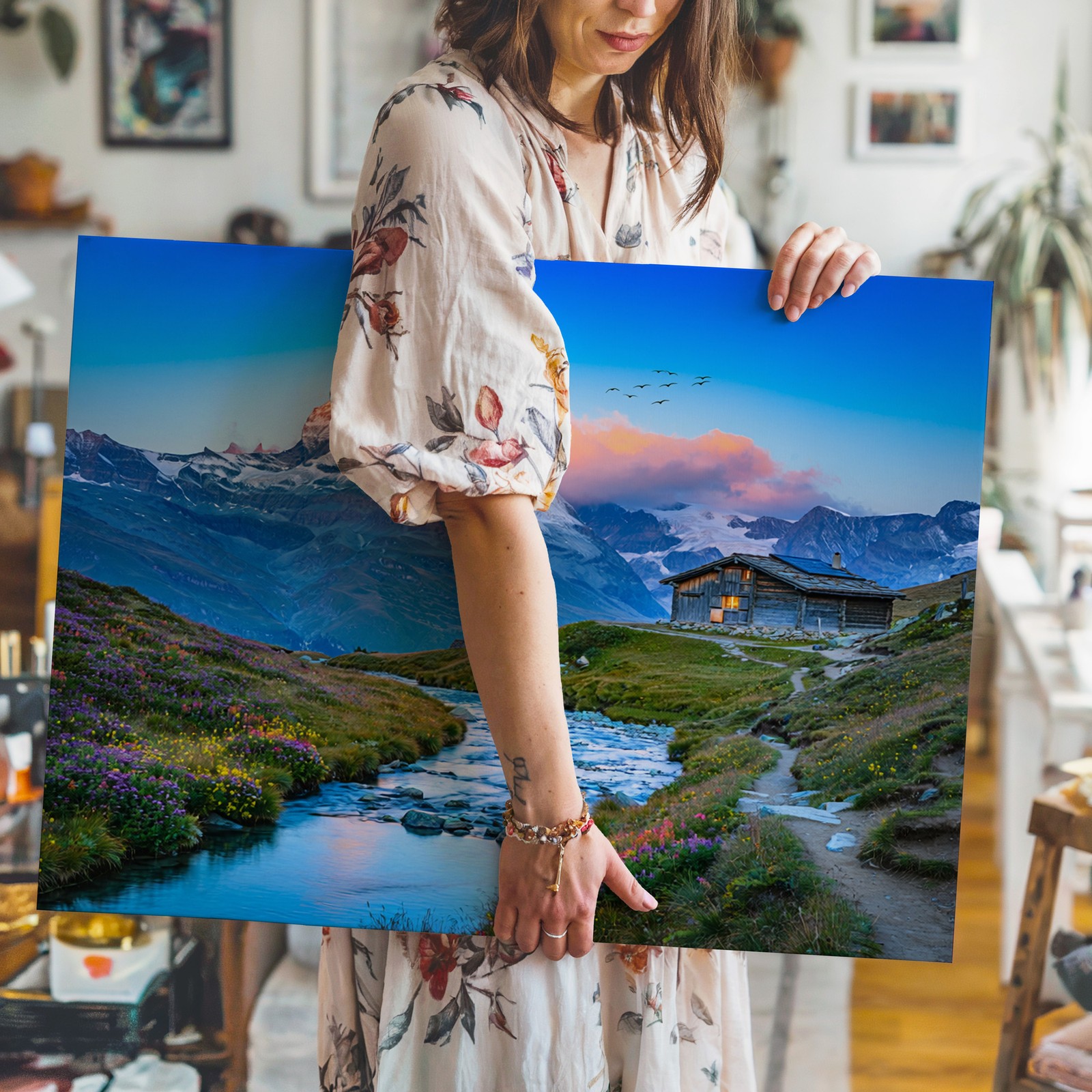 Mountain landscape canvas wall art with river stream and cabin nature print