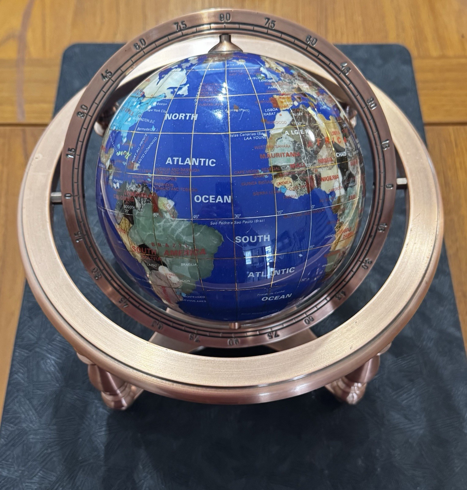 Semi-Precious Gemstone Globe 9” In Copper Tone Stand with Compass