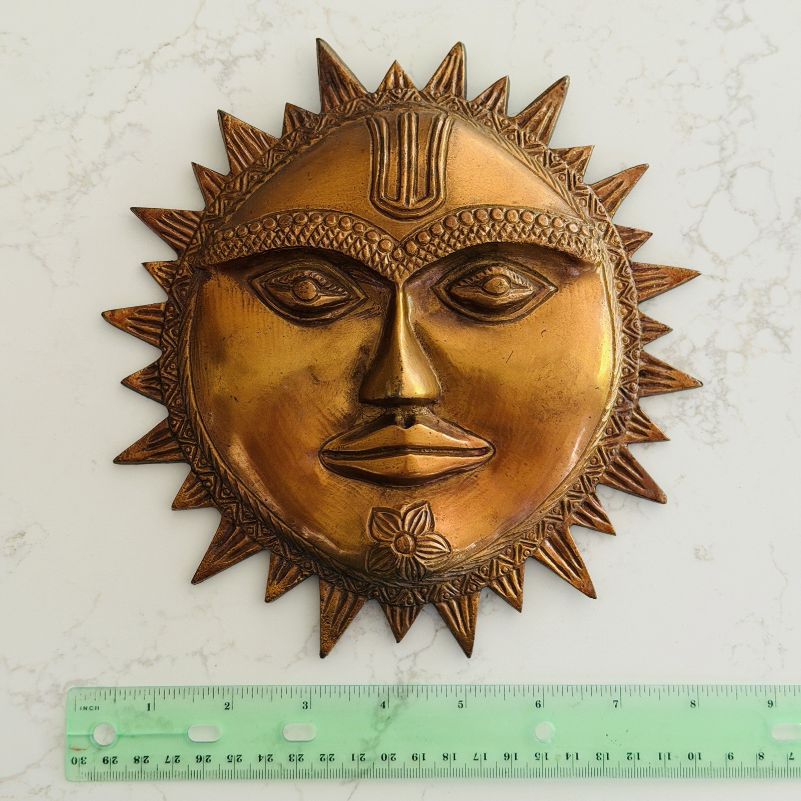 Vintage Celestial Sun Face Wall Plaque Cast Brass Metal With Patina 8″ Diameter