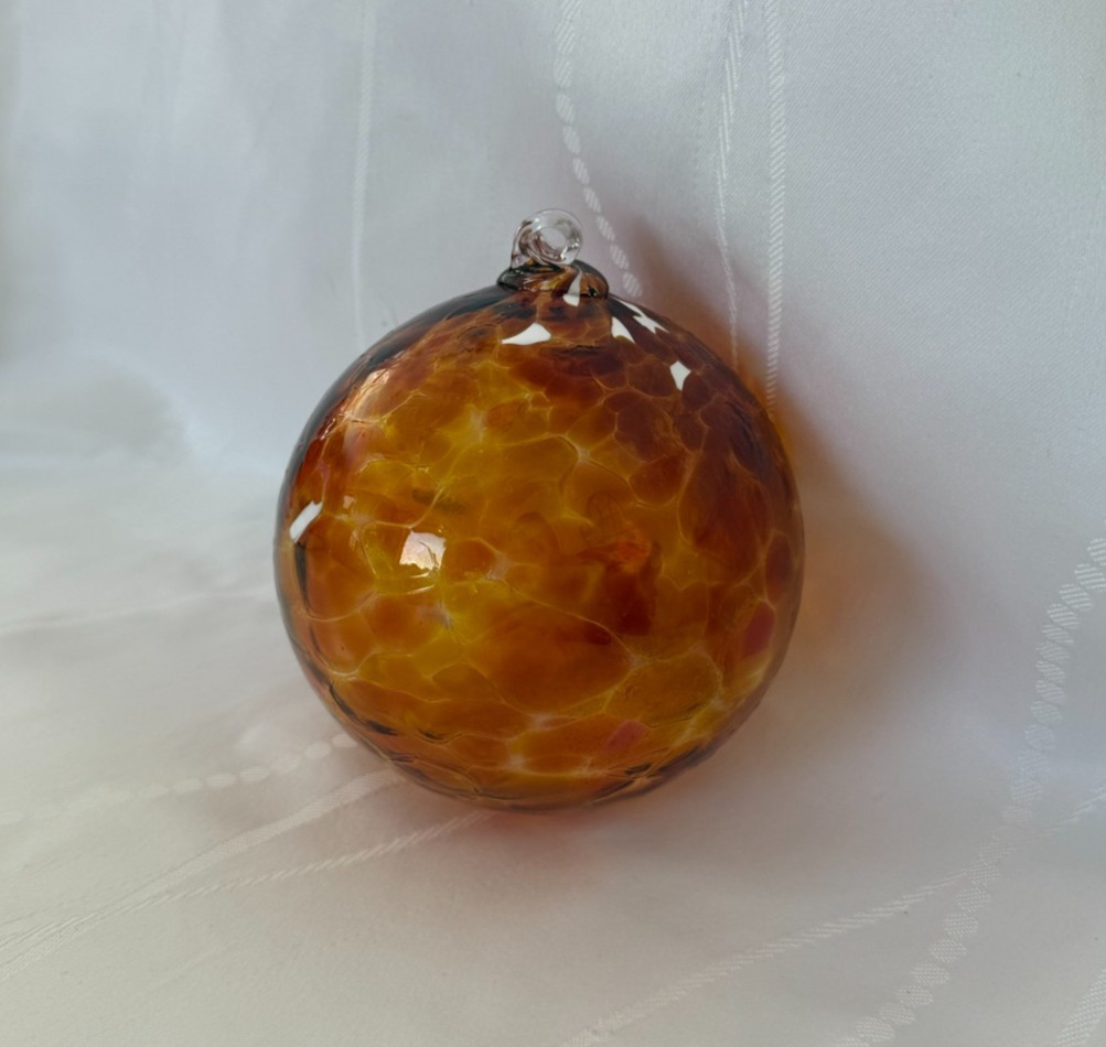 Hand Blown Amber Crackle Glass Witch Ball Hanging Friendship Orb 5″ Window Decor