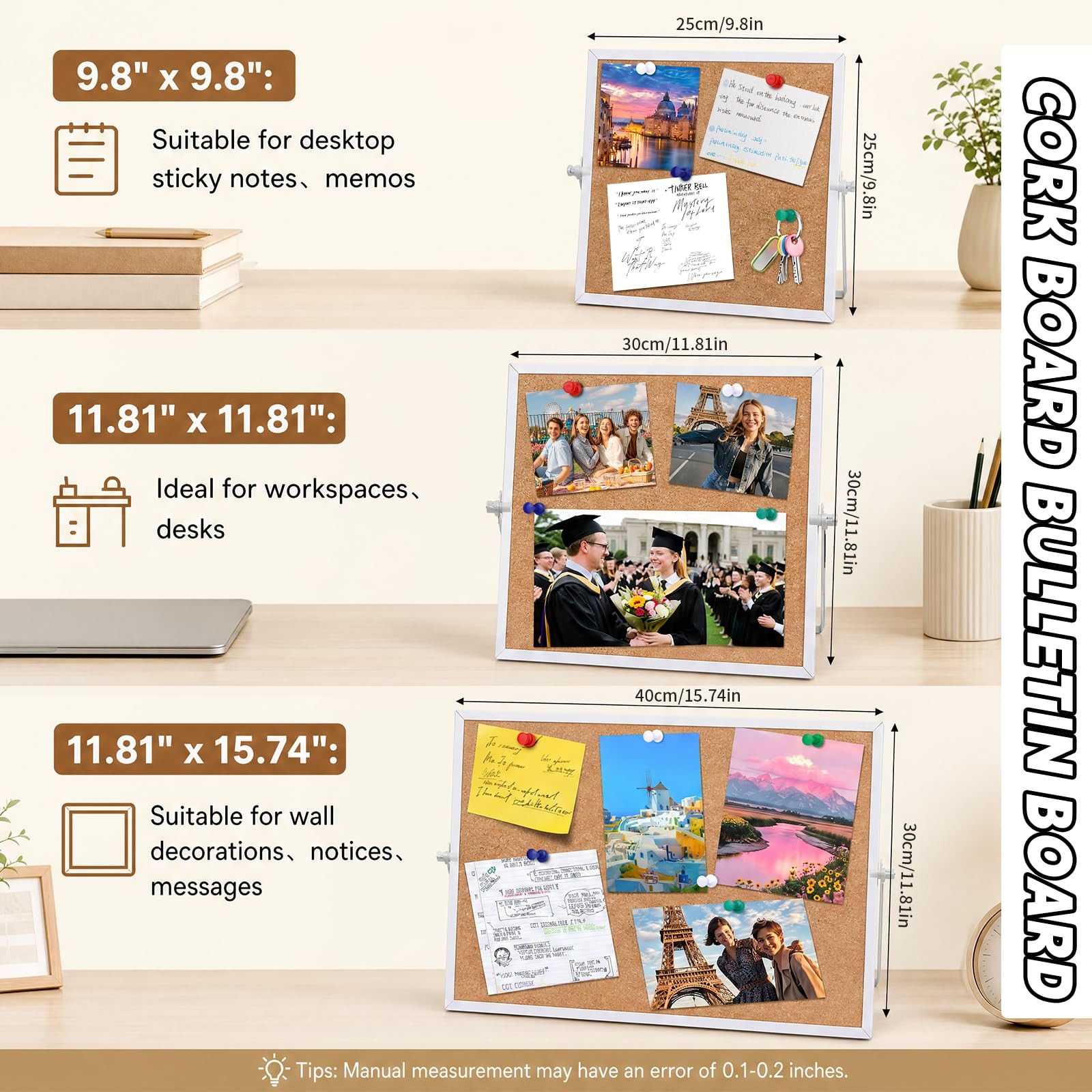 9.8″x9.8″ Cork Bulletin Board Double Sided Pin Board Desk Stand Aluminum Frame
