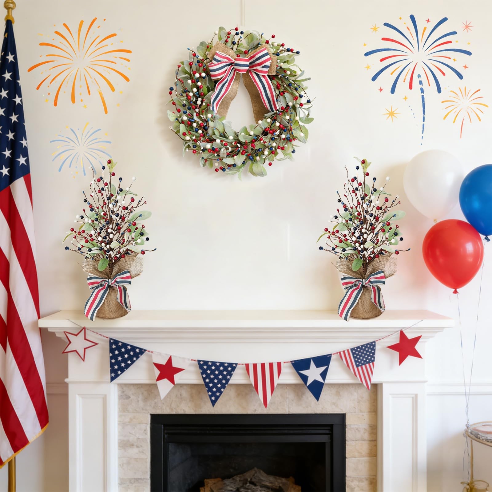 2 Pack 4th of July Artificial Tree Tabletop Decor Patriotic Tree Red Blue White