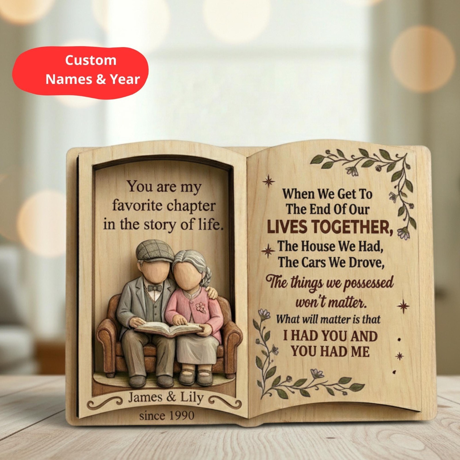 Personalized Anniversary Wooden Plaque, Custom Couple Reading Book Gift