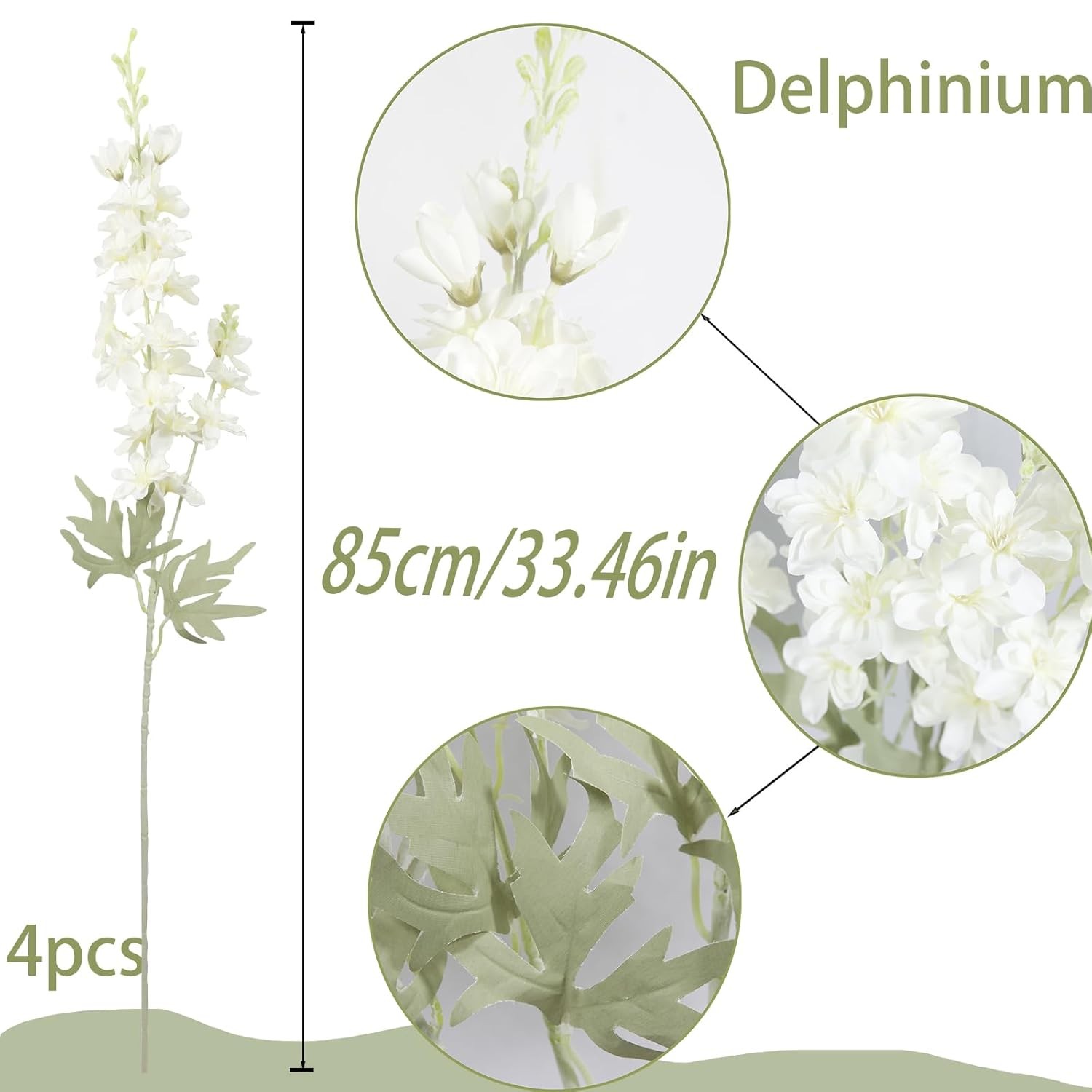 4Pcs White Artificial Delphinium Flowers 33.5″ Silk Larkspur Bulk Fake
