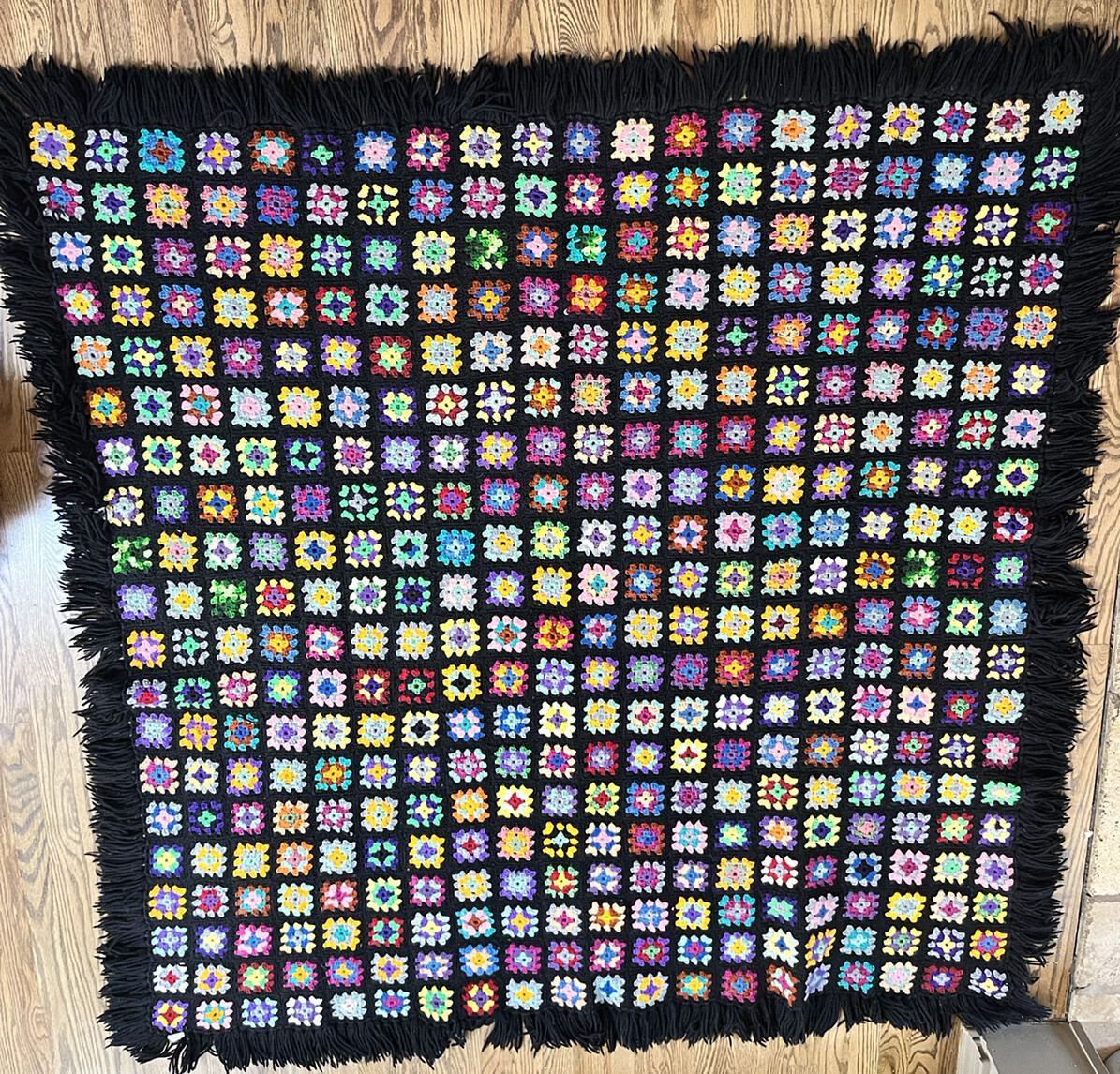 Vtg Handmade Granny Square Afghan Throw Blanket 70 X 70″ Colorful Black Fringe