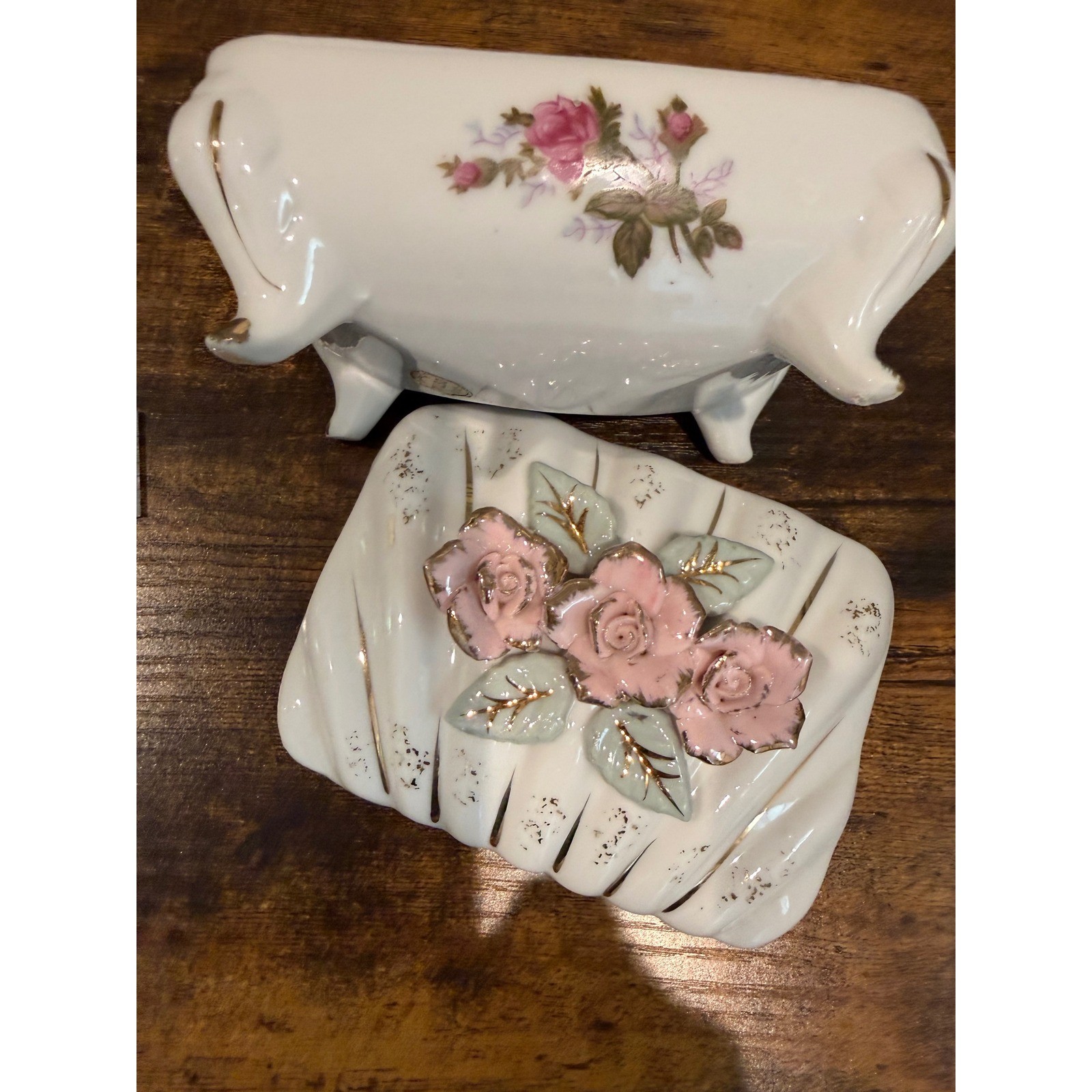 Vintage Tilso Japan Porcelain Trinket Box Pink Roses Gold Trim Footed Floral
