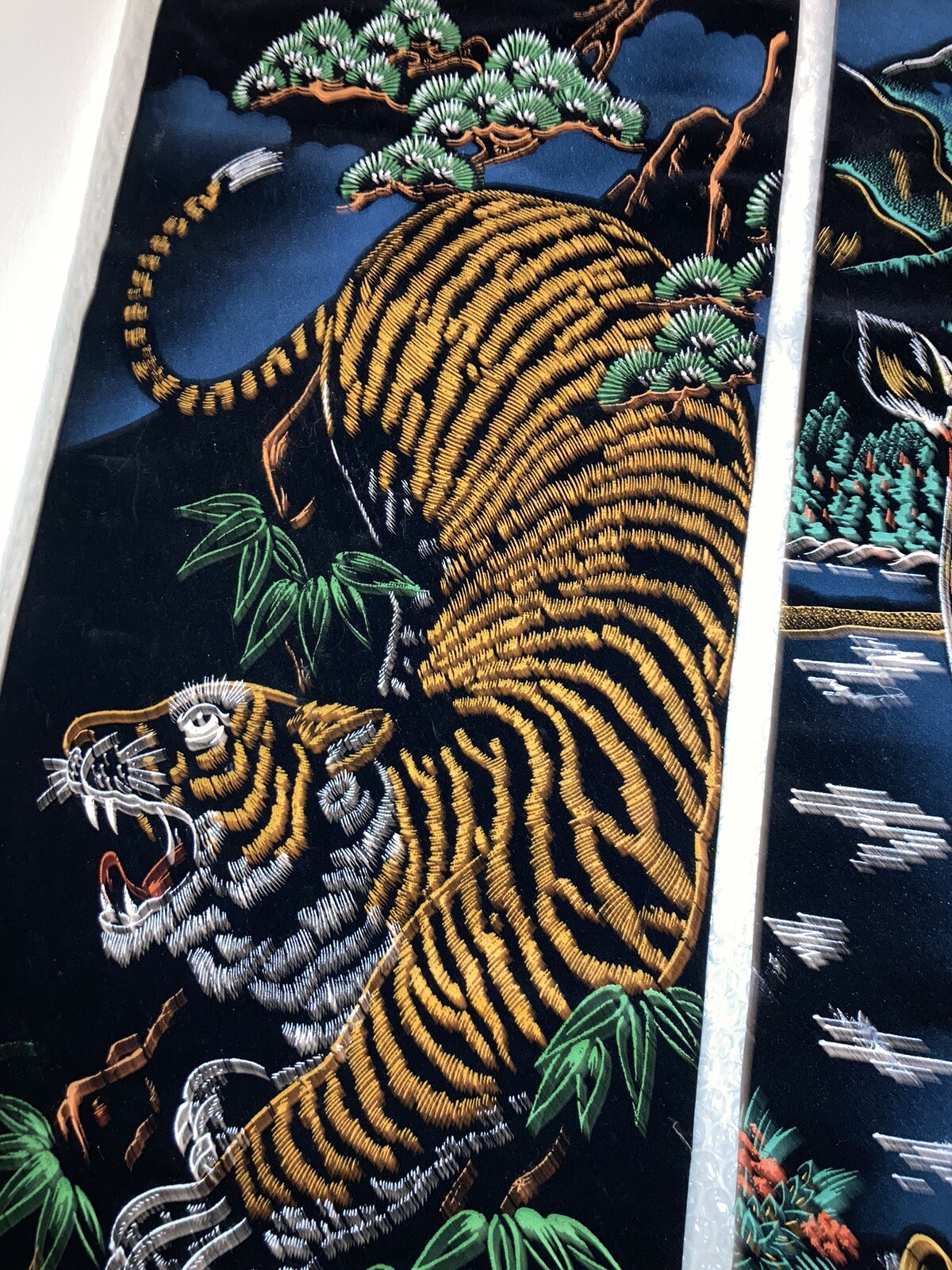 Vintage Velvet Wall Hanging Painted Tiger & Deer Excellent Set 2