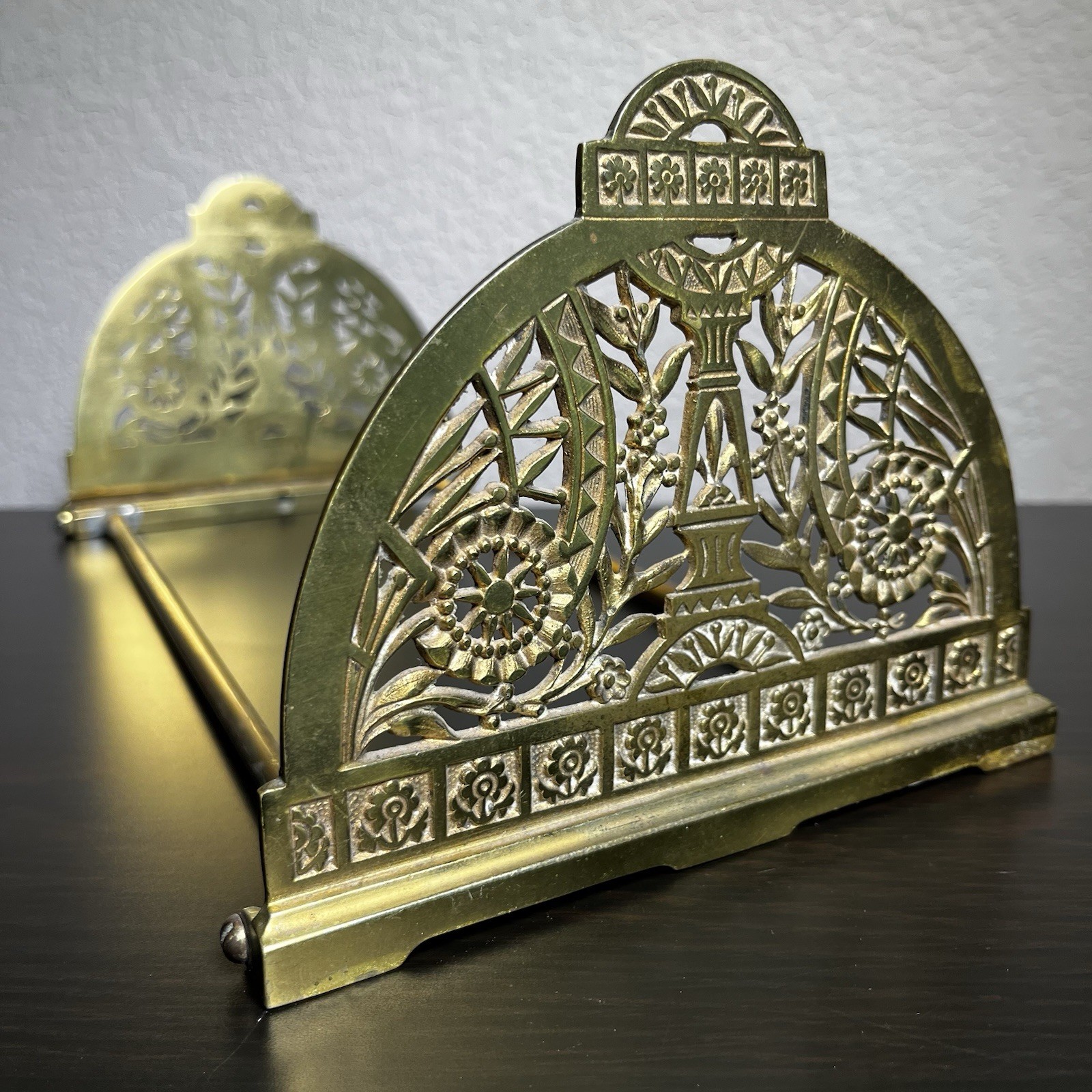 Vintage Brass Art Nouveau Victorian Adjustable Book Slide Rack Filigree
