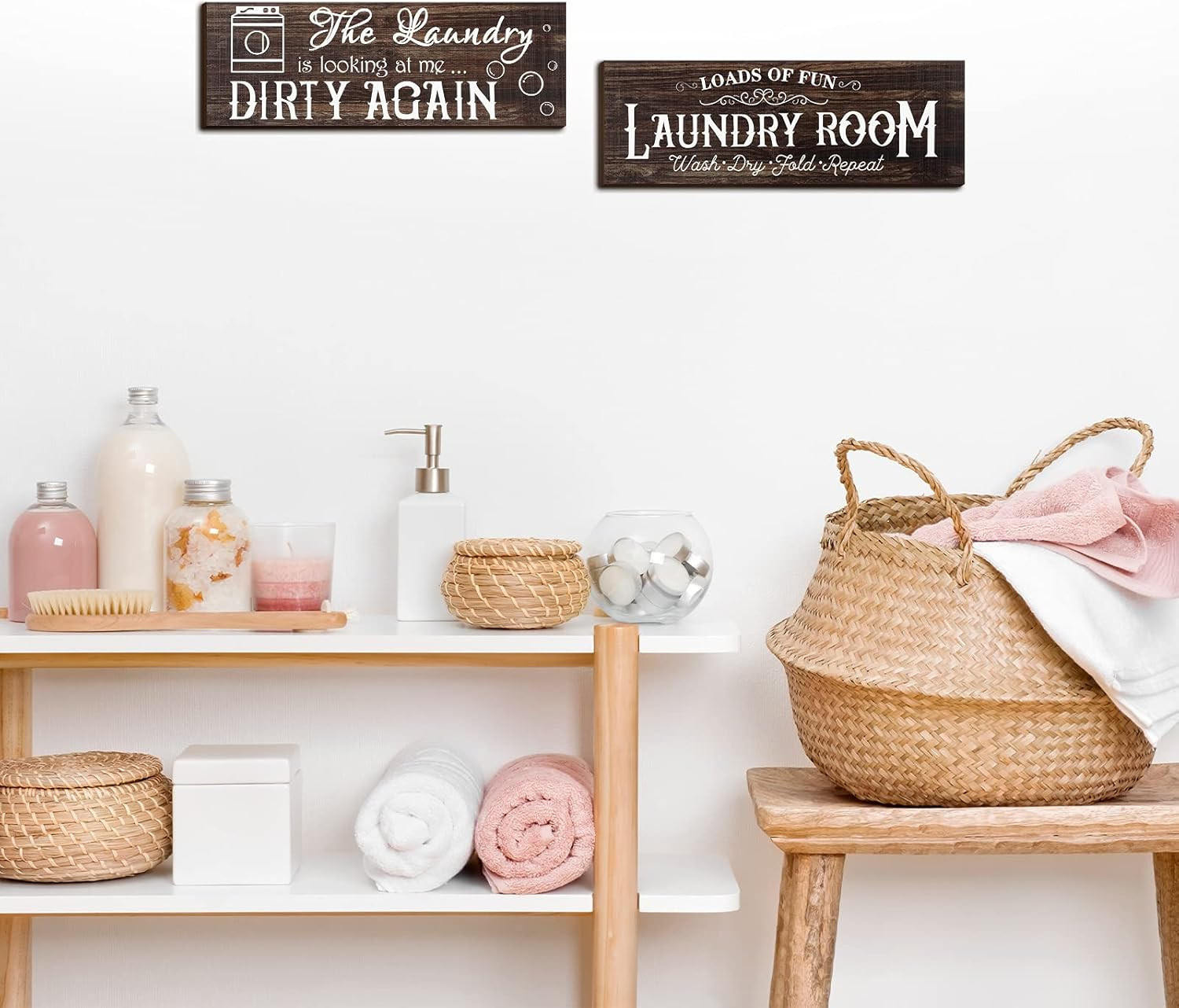 Rustic Wooden Laundry Room Signs – Vintage Farmhouse Wall Decor (Set of 2)
