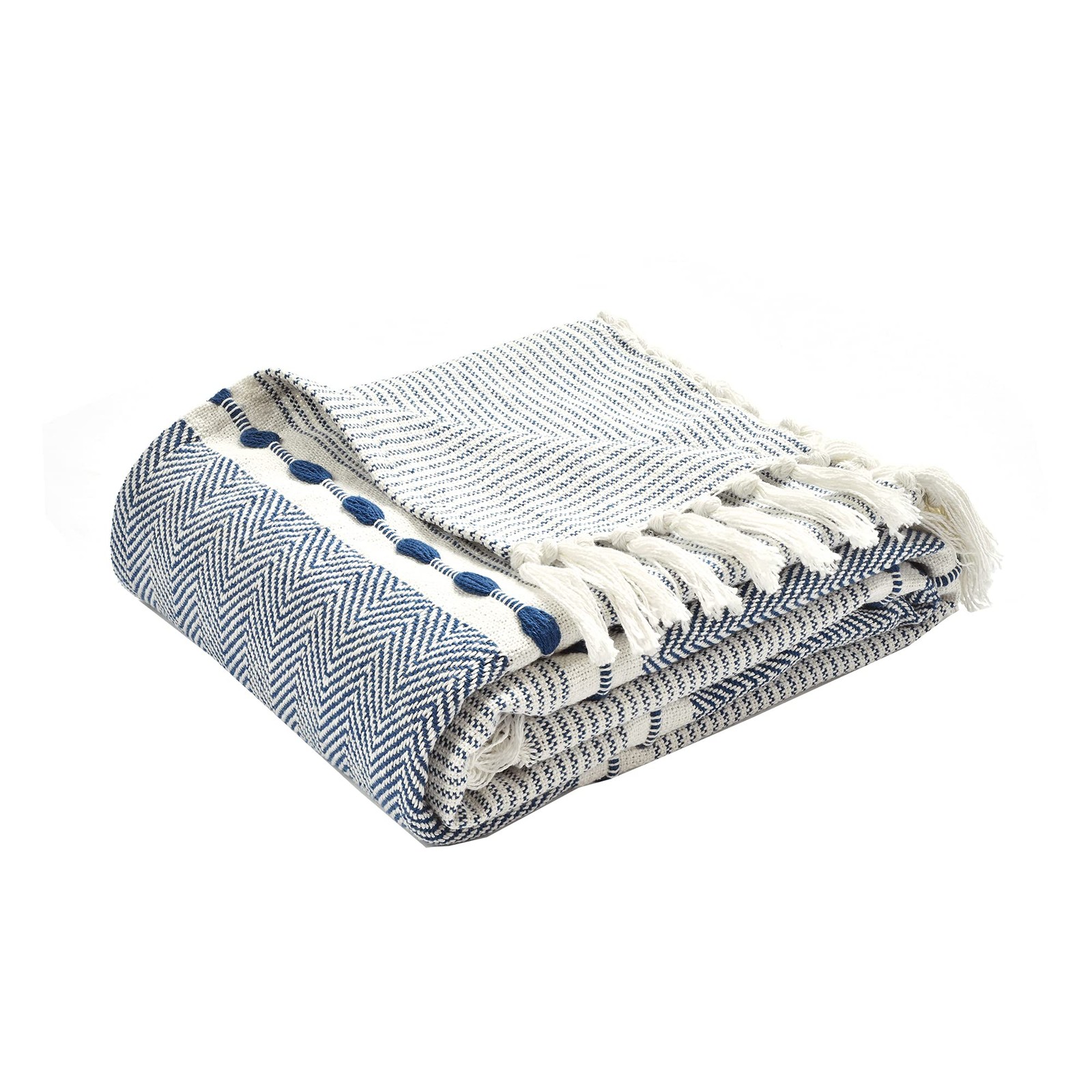 Herringbone Stripe Woven Tassel Yarn Dyed Herringbone Stripe Navy 50″ x 60″