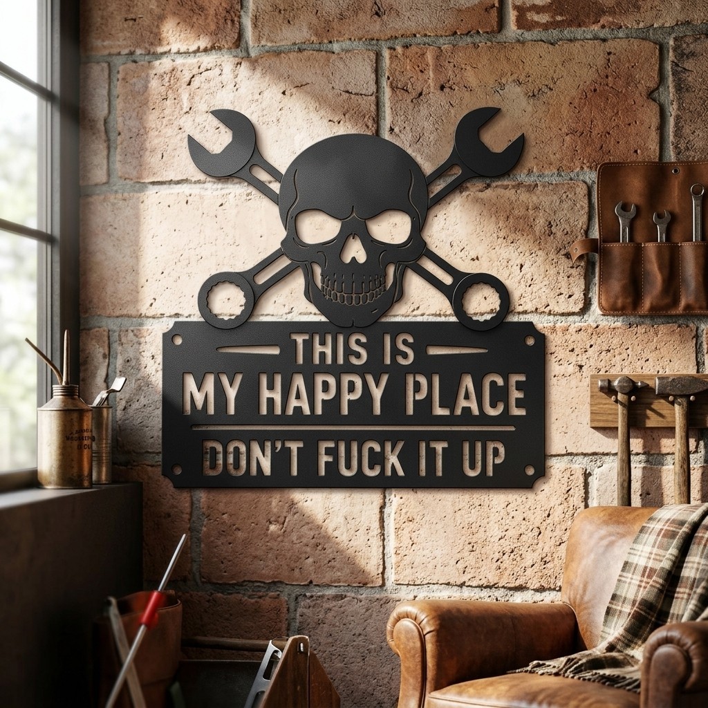 Edgy Skull & Wrenches Metal Wall Sign | This is My Happy Place Don’t Ruin It