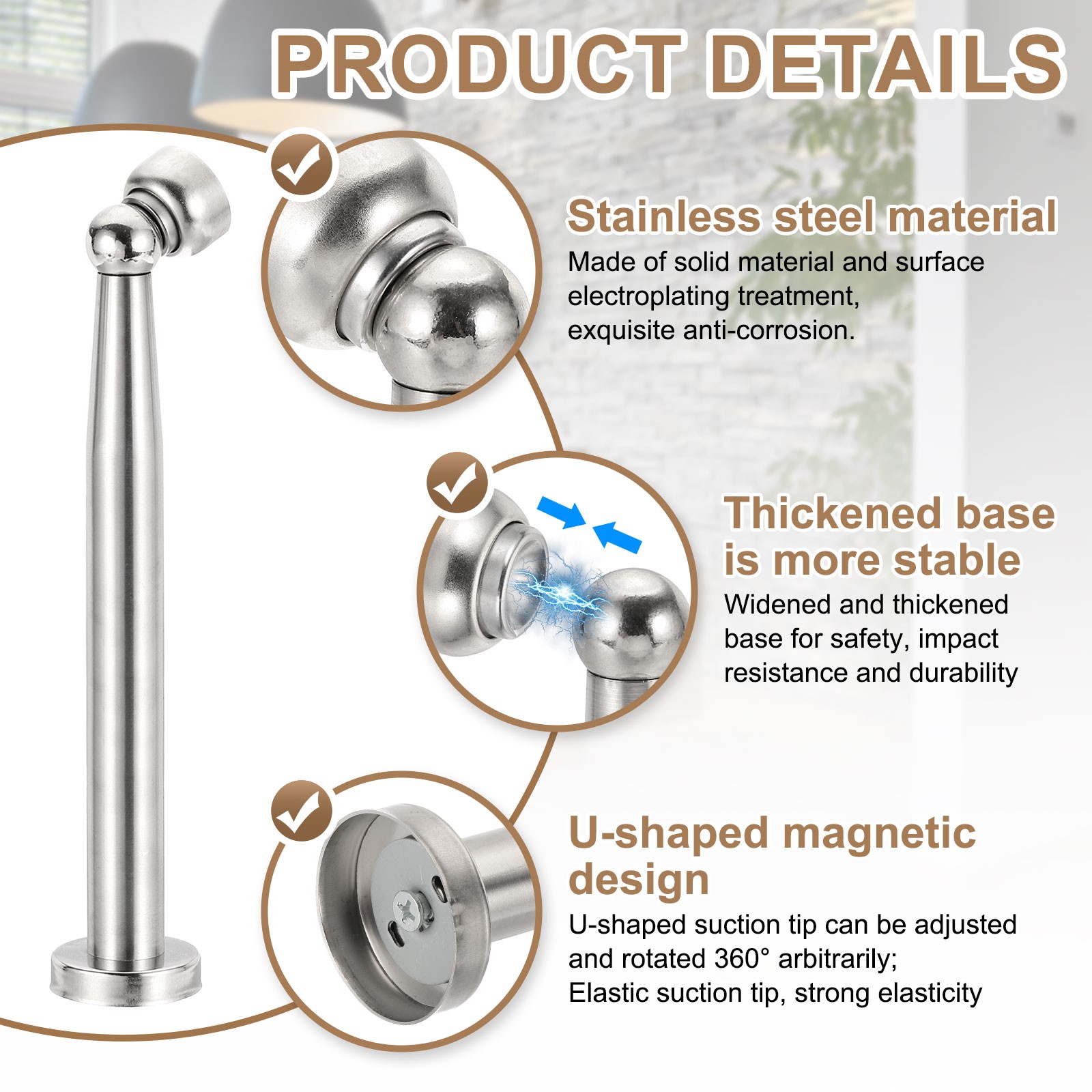 9.4″ Magnetic Door Stoppers, Wall Floor Mounted Door Catch Holder, Silver