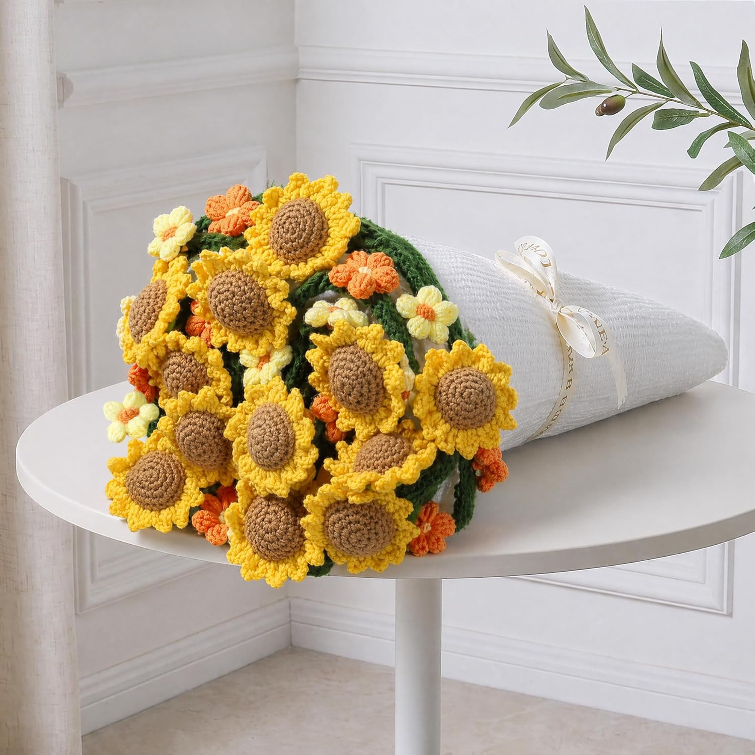 Knitted Flower Throw Floral Bouquet Blanket, 43Inch Handmade Crochet Blanket wit