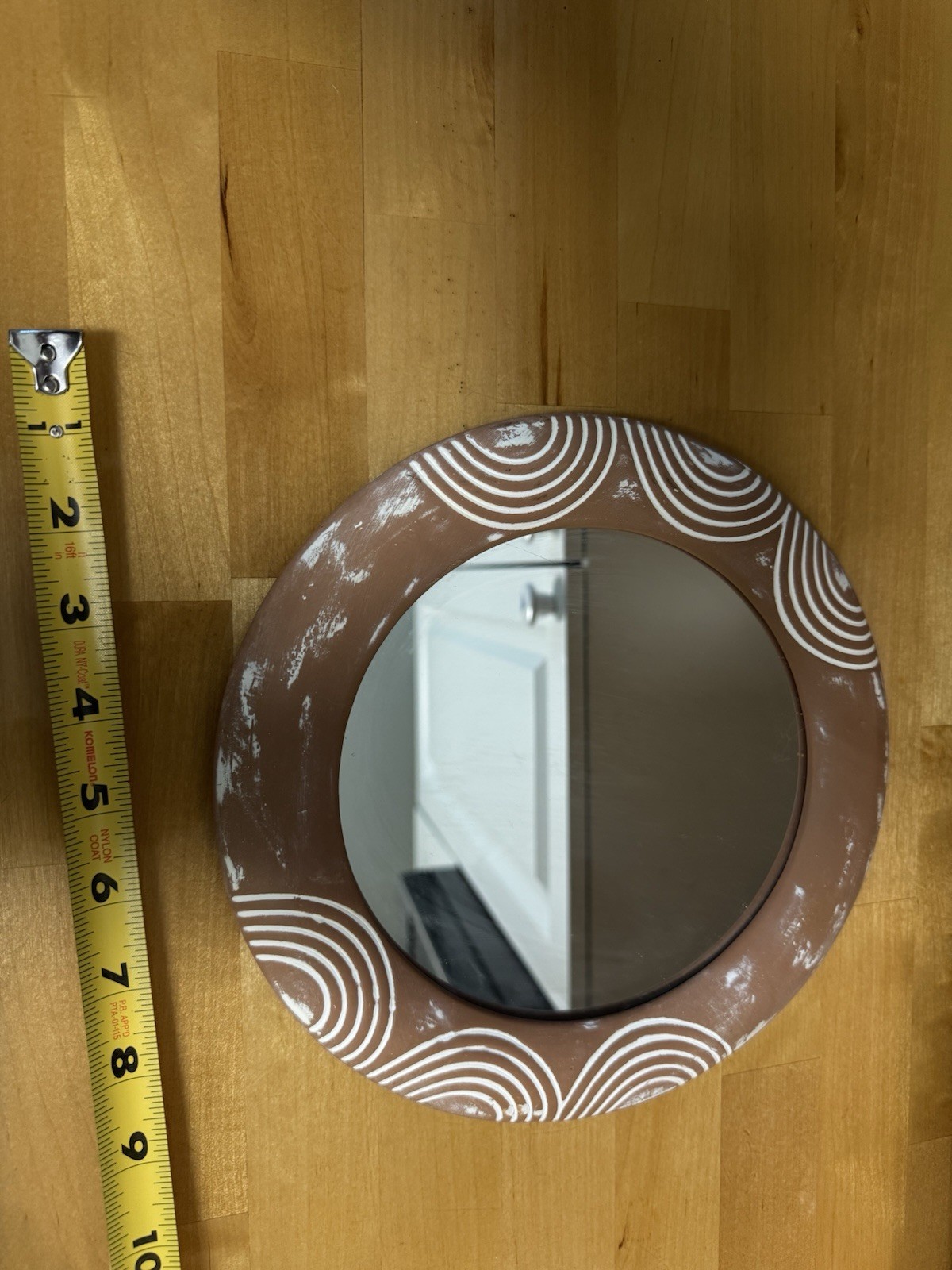 Round Brown White Wood Accent Mirror, Framed, 9 in Diameter, Wall Mounted