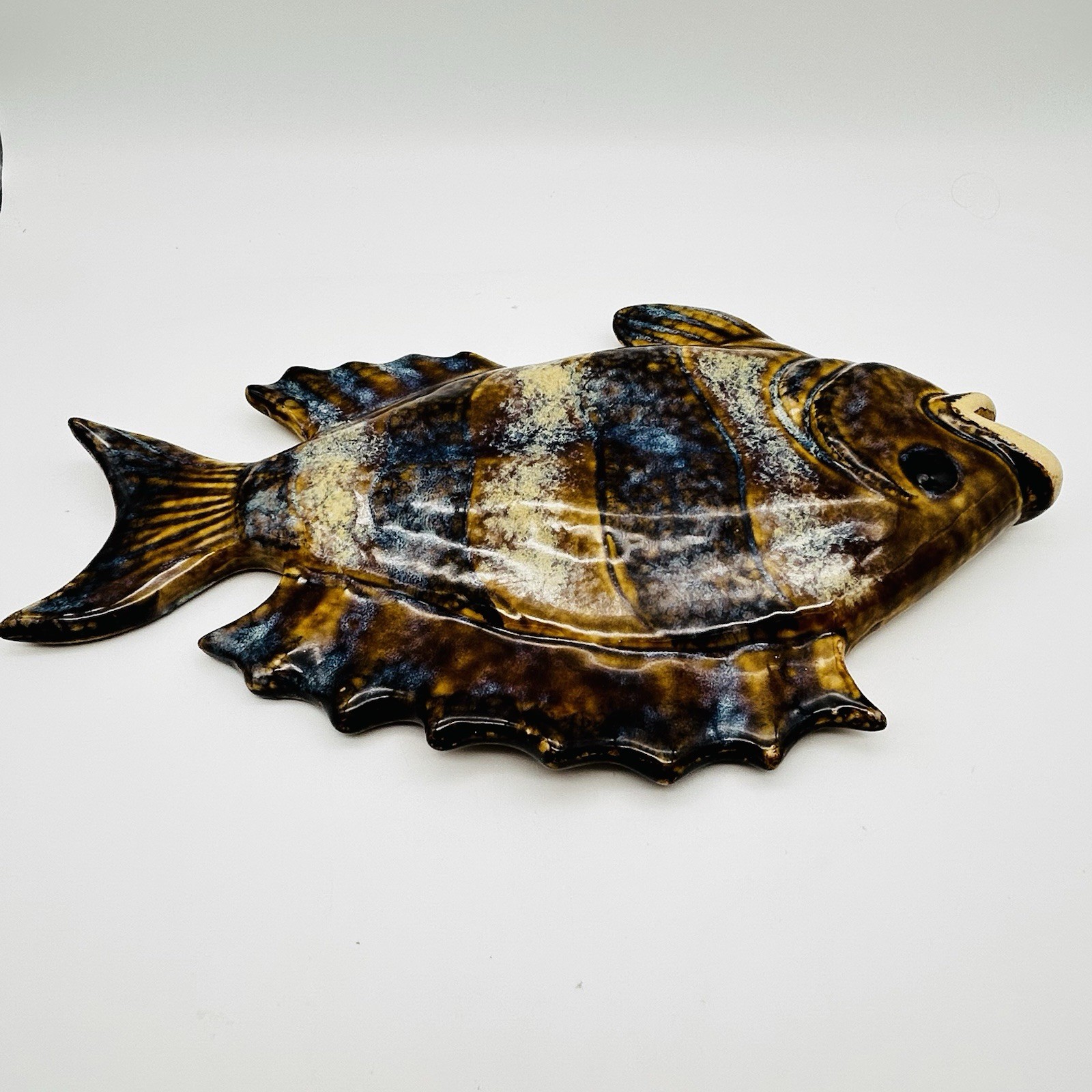 Large Vintage Ceramic Glazed Fish Art Pottery Hanging Plaque NICE!!