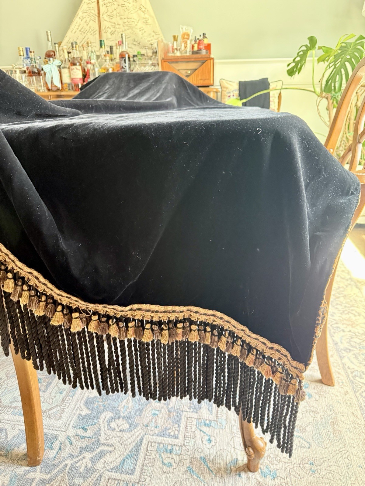 Vintage Reversible Velvet Fringe Throw Blanket Black Gold Tassel 39×70
