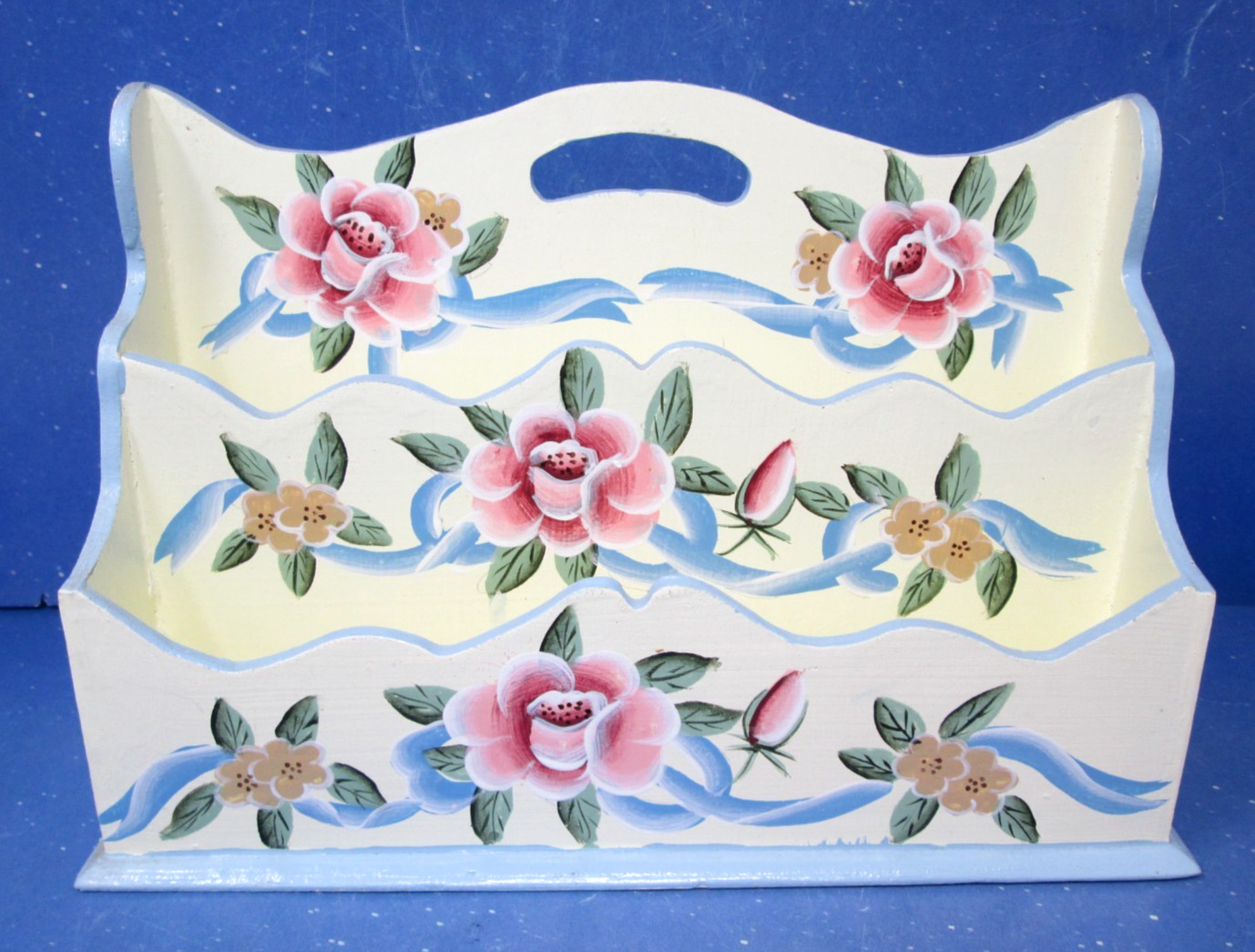 Vintage Floral HandPainted Organizer Wood Cottagecore Country Caddy Mail Sorter