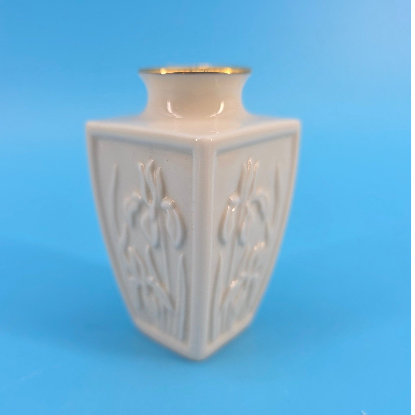 Lenox Ivory Porcelain Bud Vase Embossed Iris Gold Trim Square Miniature USA8