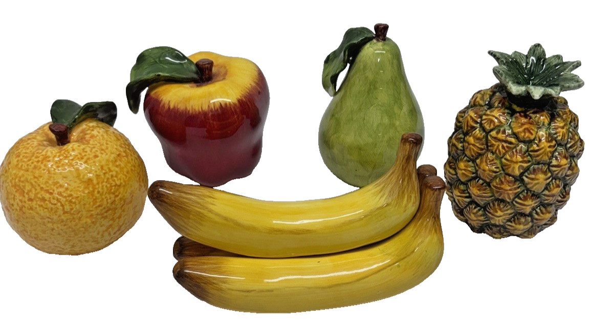 5 Pc Ceramic Fruit Decor Lot Pineapple Apple Pear Orange Banana Kitchen