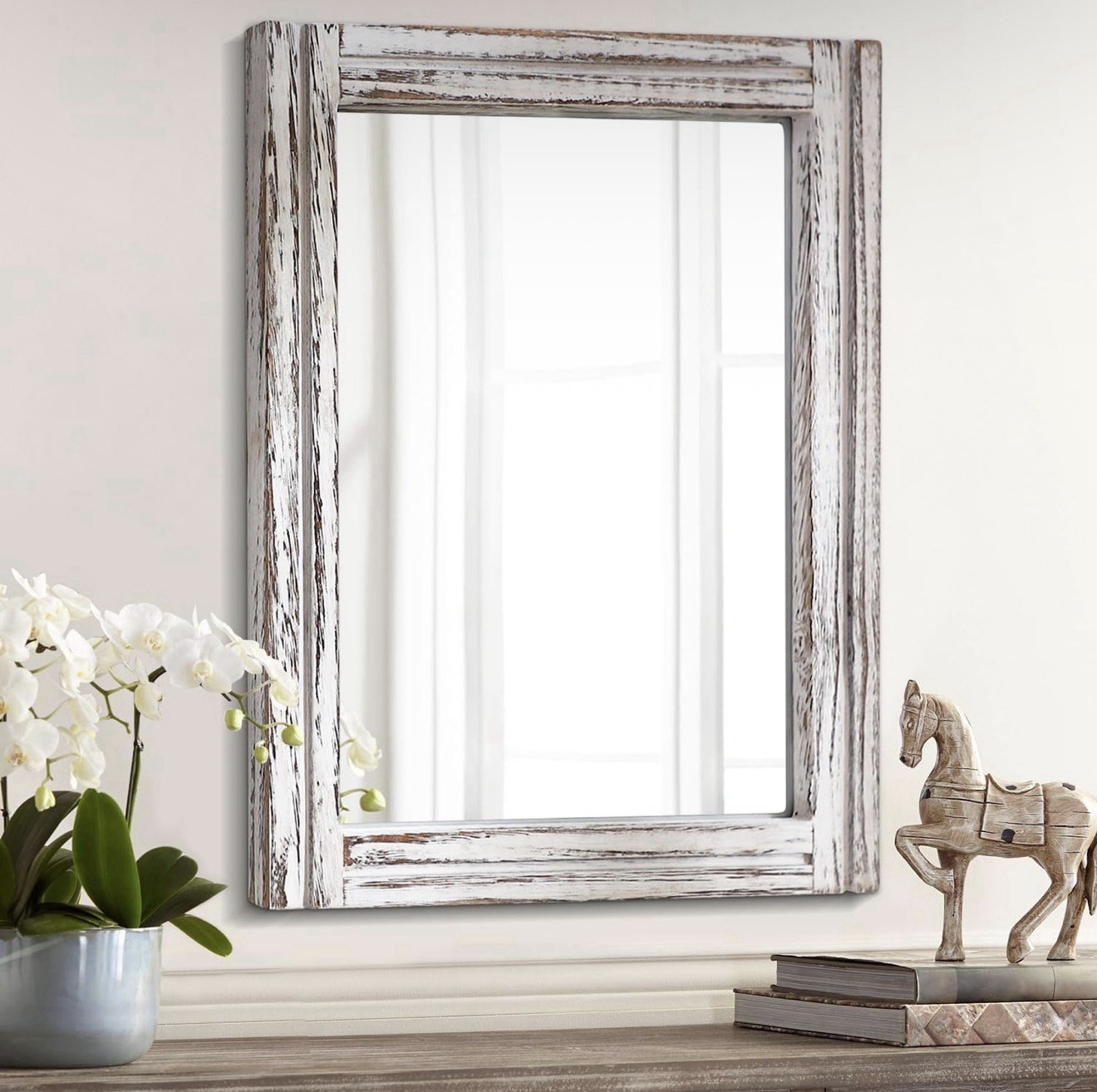 Rustic Wood Wall Mirror 50×40cm Farmhouse Frame Decorative Home Accent