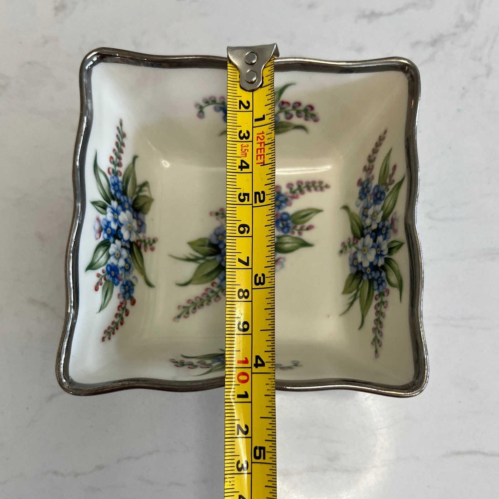 Vtg Porcelain Square Trinket Dish Hand Painted Silver Rim Ring Candy Dish