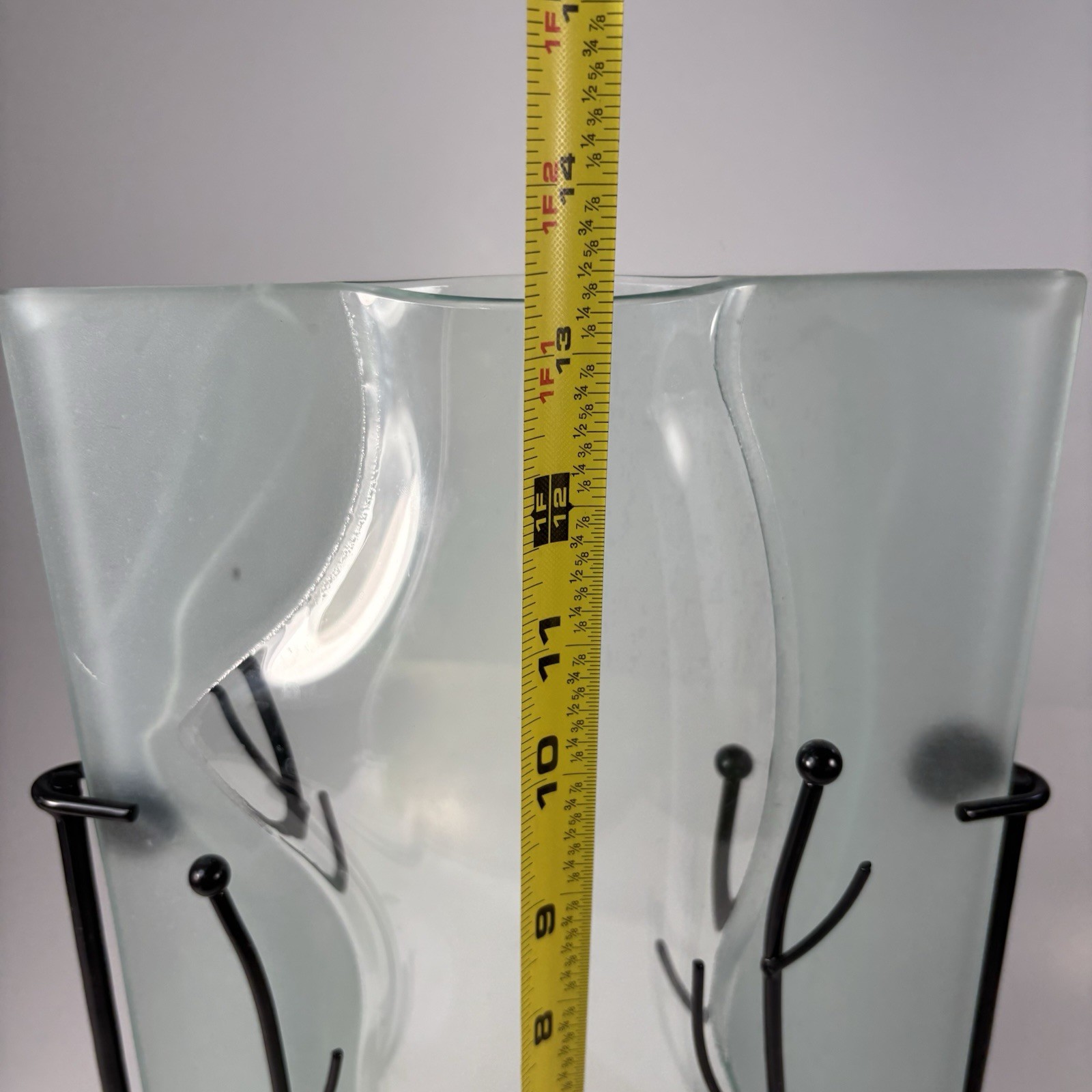 Vtg Fused Both Frosted Clear Glass Vase In Metal Branch Stand Art Nouveau