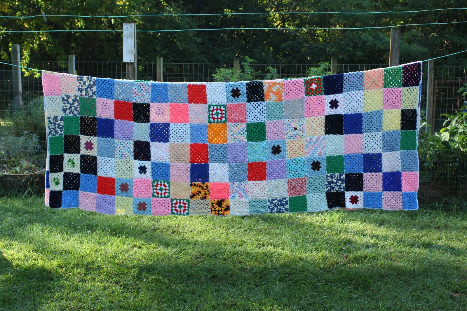 Granny Square HandKnit Blanket Large Afghan Crochet 109″x82″ Colorful PRISTINE