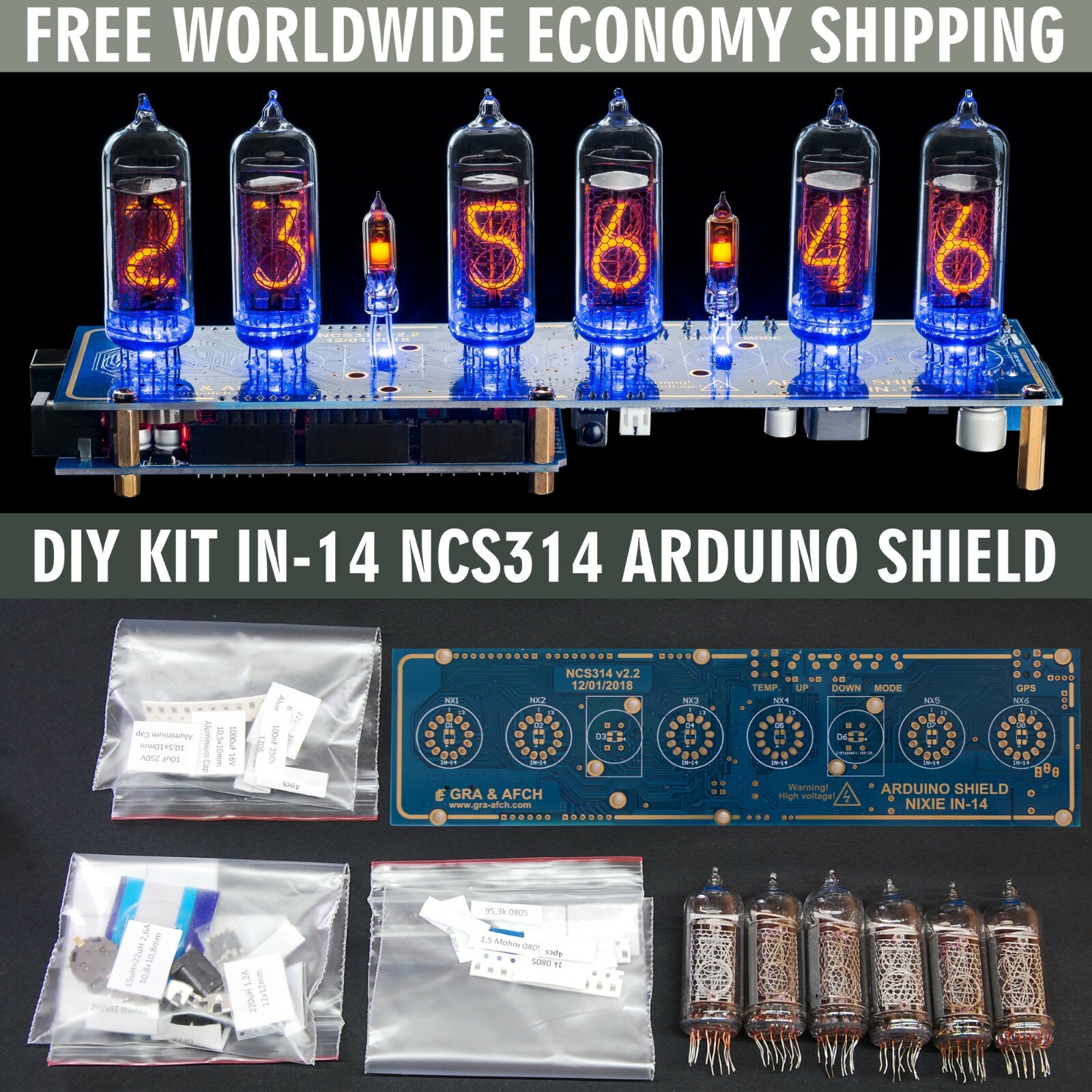 KIT IN-14 Arduino Shield NCS314 Nixie Clock WITH TUBES FREE SHIPPING