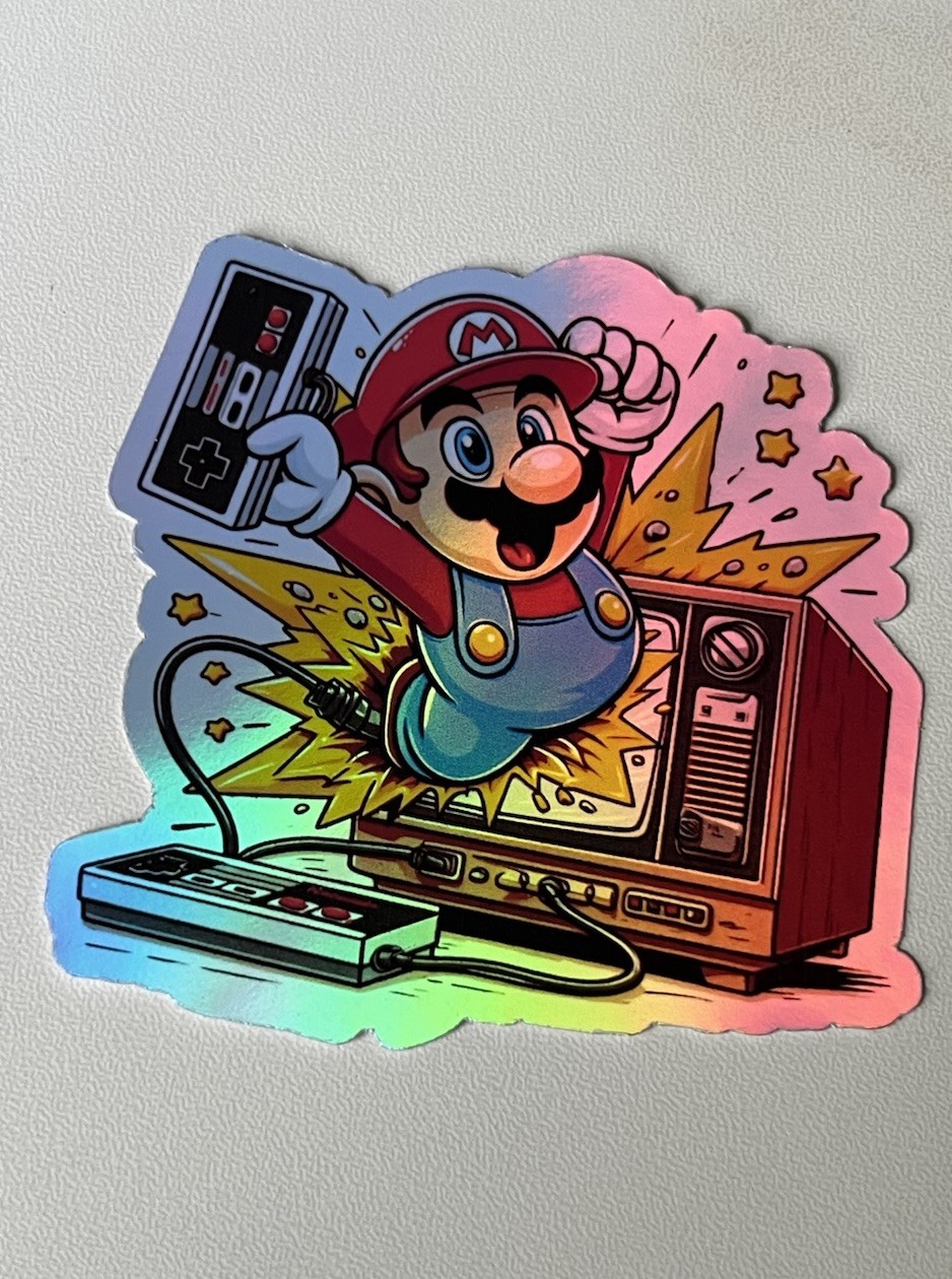 Mario Retro Tv 3 Inch Waterproof Holographic Vinyl Sticker